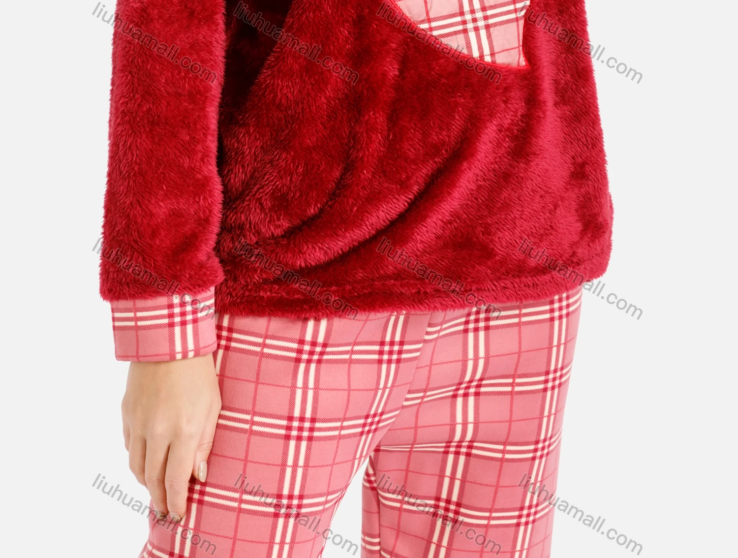 Wholesale Women's Lounge Embroidered Bears Heart Plaid Fuzzy Long Sleeve Tops & Pants 2 Piece Homewear Sets - Liuhuamall