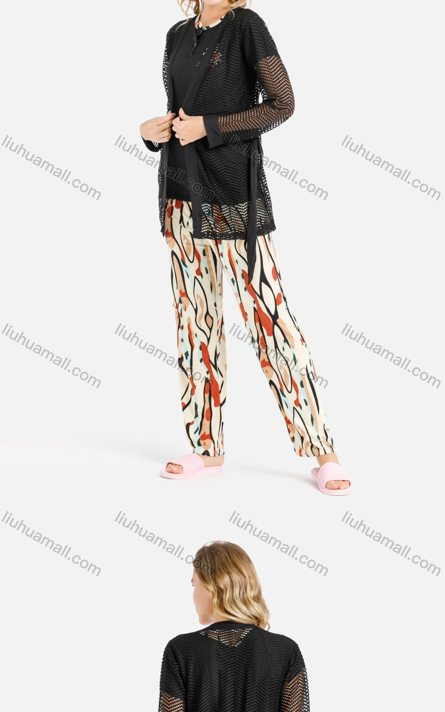 Wholesale Women's Lounge Hollow Out Lace Up Cardigant & Floral Letter Button Front T-shirt & Abstract Print Pants 3 Piece Sets - Liuhuamall