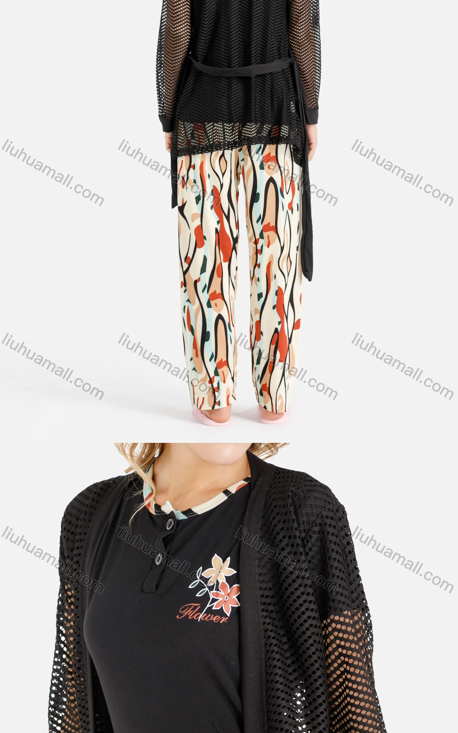 Wholesale Women's Lounge Hollow Out Lace Up Cardigant & Floral Letter Button Front T-shirt & Abstract Print Pants 3 Piece Sets - Liuhuamall