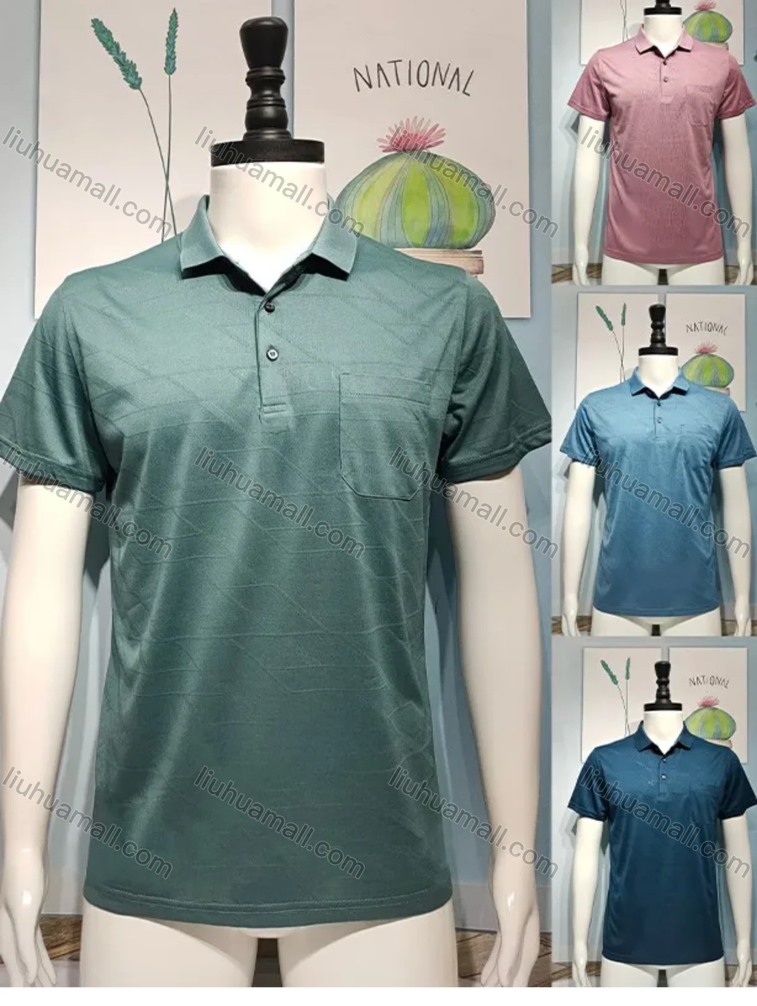 Wholesale Men's Casual Short Sleeve Side Pocket Button Front Texture Polo Shirt - Liuhuamall