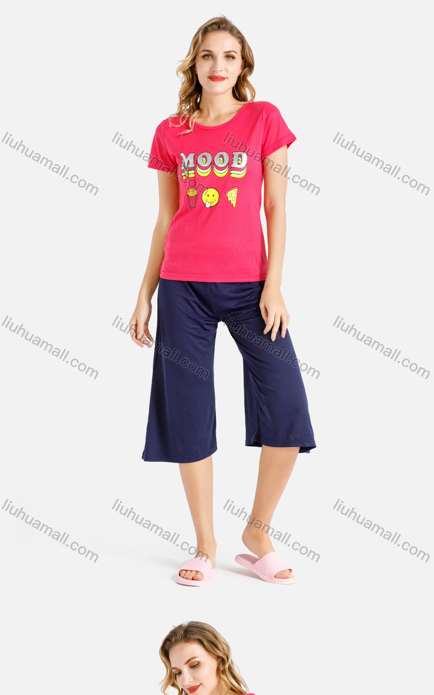 Wholesale Women's Lounge Letters Cartoon Graphic T-shirt & Plain Capris Pants Two-Piece Homewear Sets - Liuhuamall