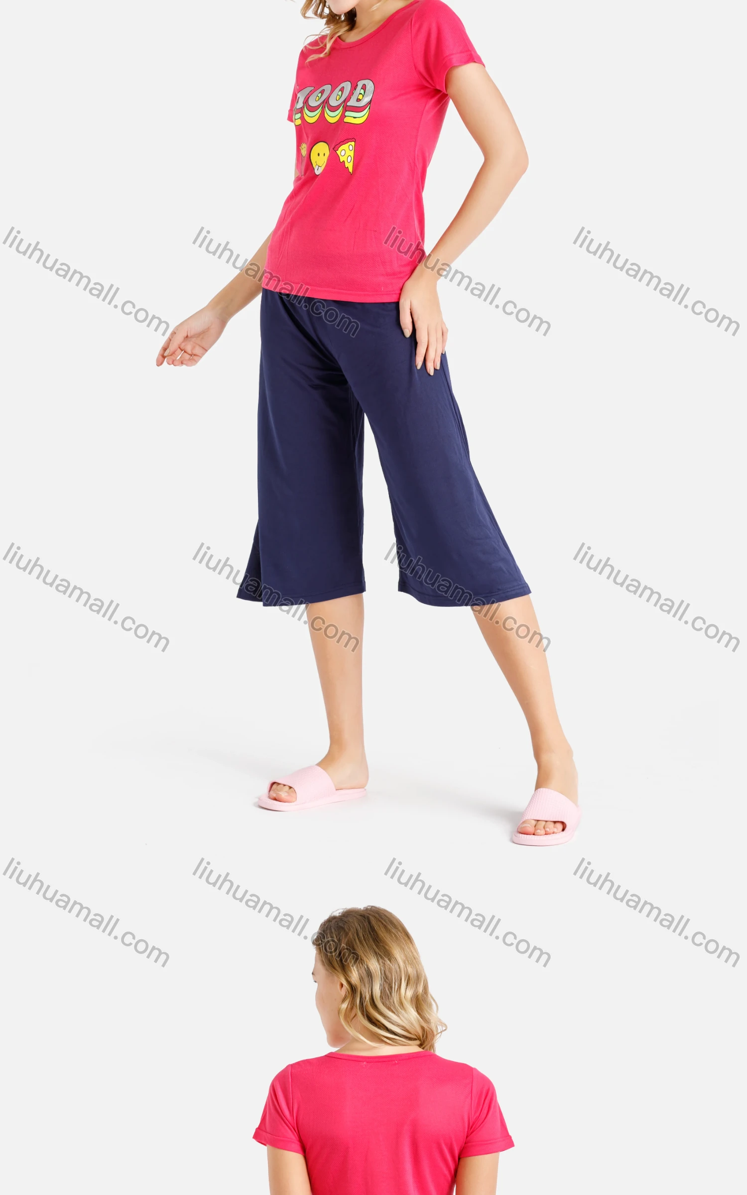 Wholesale Women's Lounge Letters Cartoon Graphic T-shirt & Plain Capris Pants Two-Piece Homewear Sets - Liuhuamall