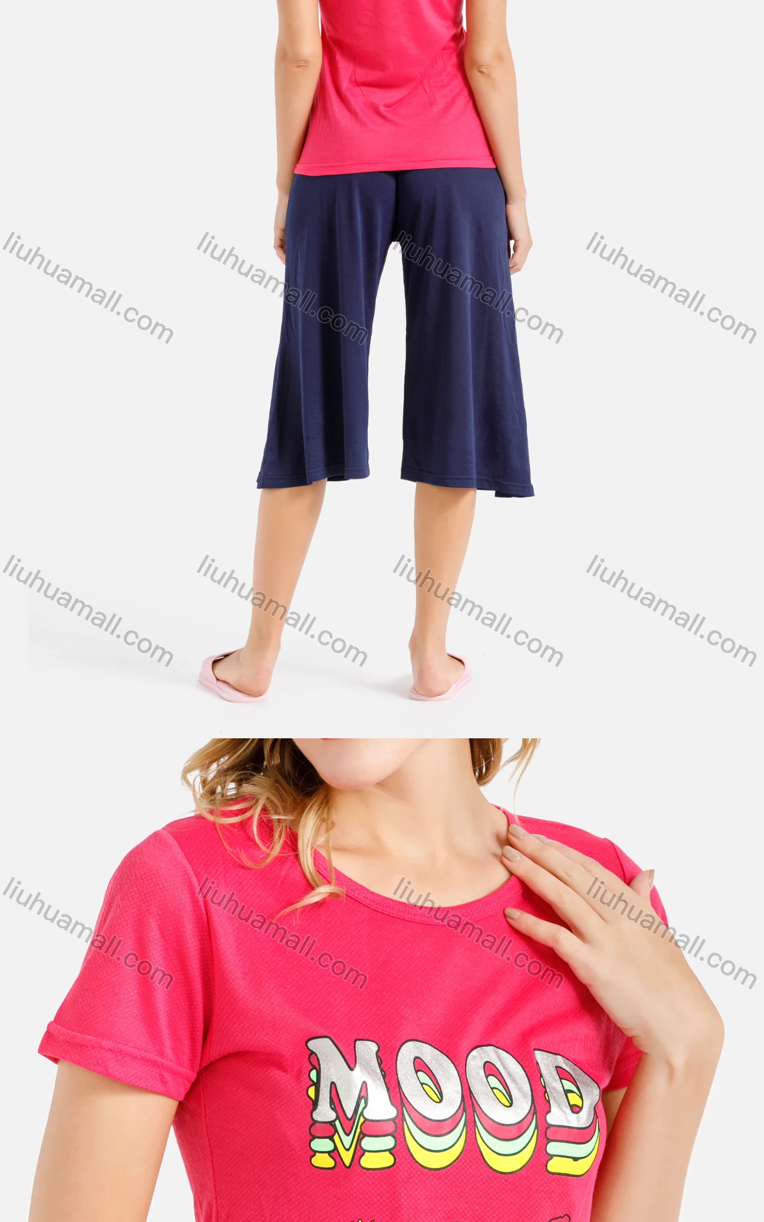 Wholesale Women's Lounge Letters Cartoon Graphic T-shirt & Plain Capris Pants Two-Piece Homewear Sets - Liuhuamall