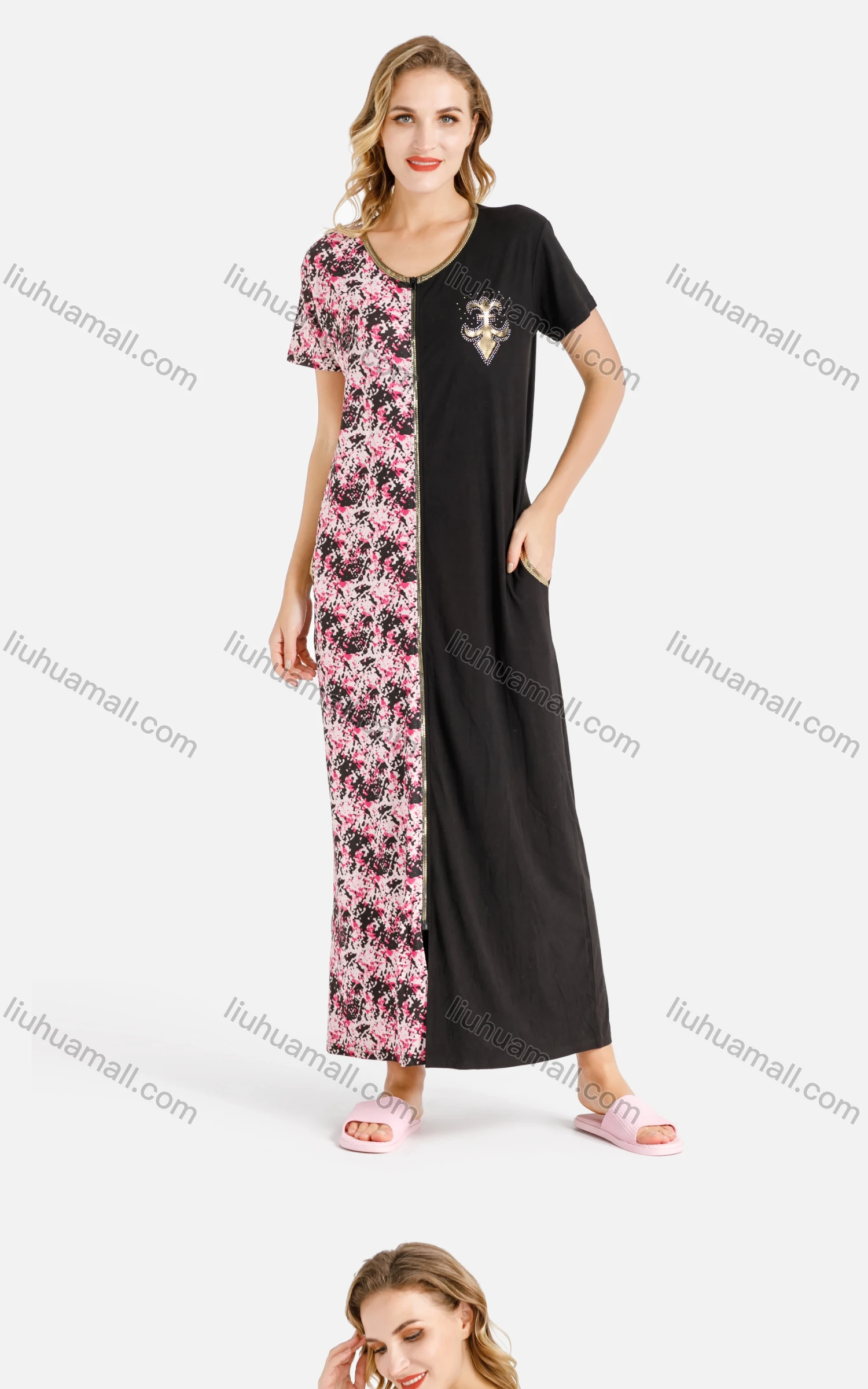 Wholesale Women's Lounge Crew Neck Short Sleeve Zip Front Rhinestone Patch Pocket Splicing Soft Maxi Nightgown - Liuhuamall