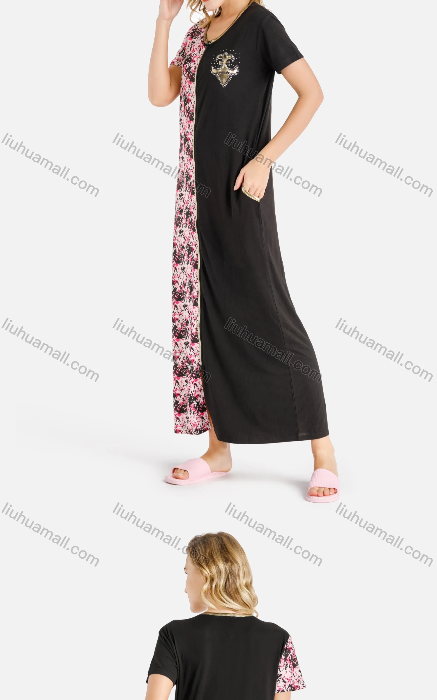 Wholesale Women's Lounge Crew Neck Short Sleeve Zip Front Rhinestone Patch Pocket Splicing Soft Maxi Nightgown - Liuhuamall