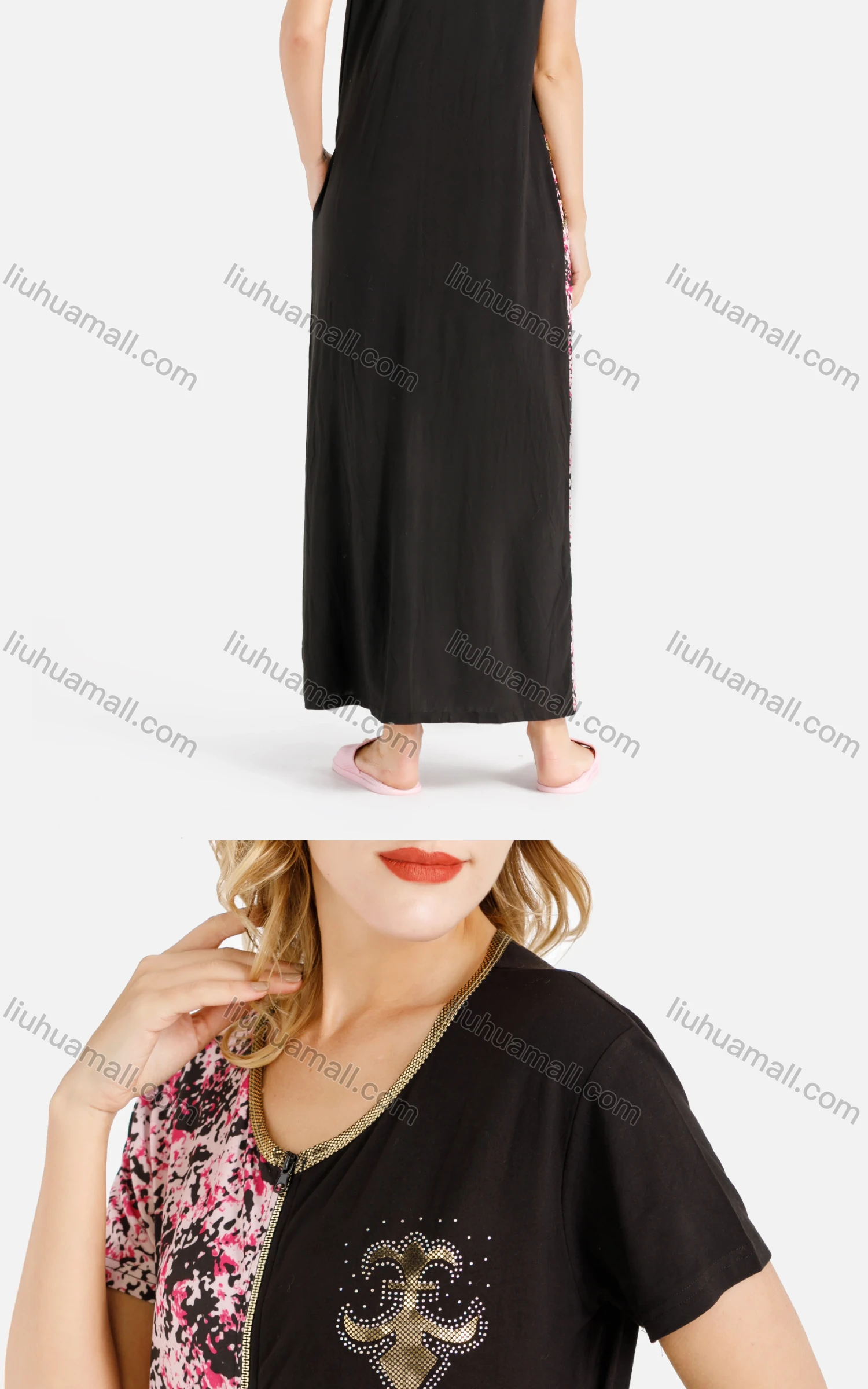 Wholesale Women's Lounge Crew Neck Short Sleeve Zip Front Rhinestone Patch Pocket Splicing Soft Maxi Nightgown - Liuhuamall