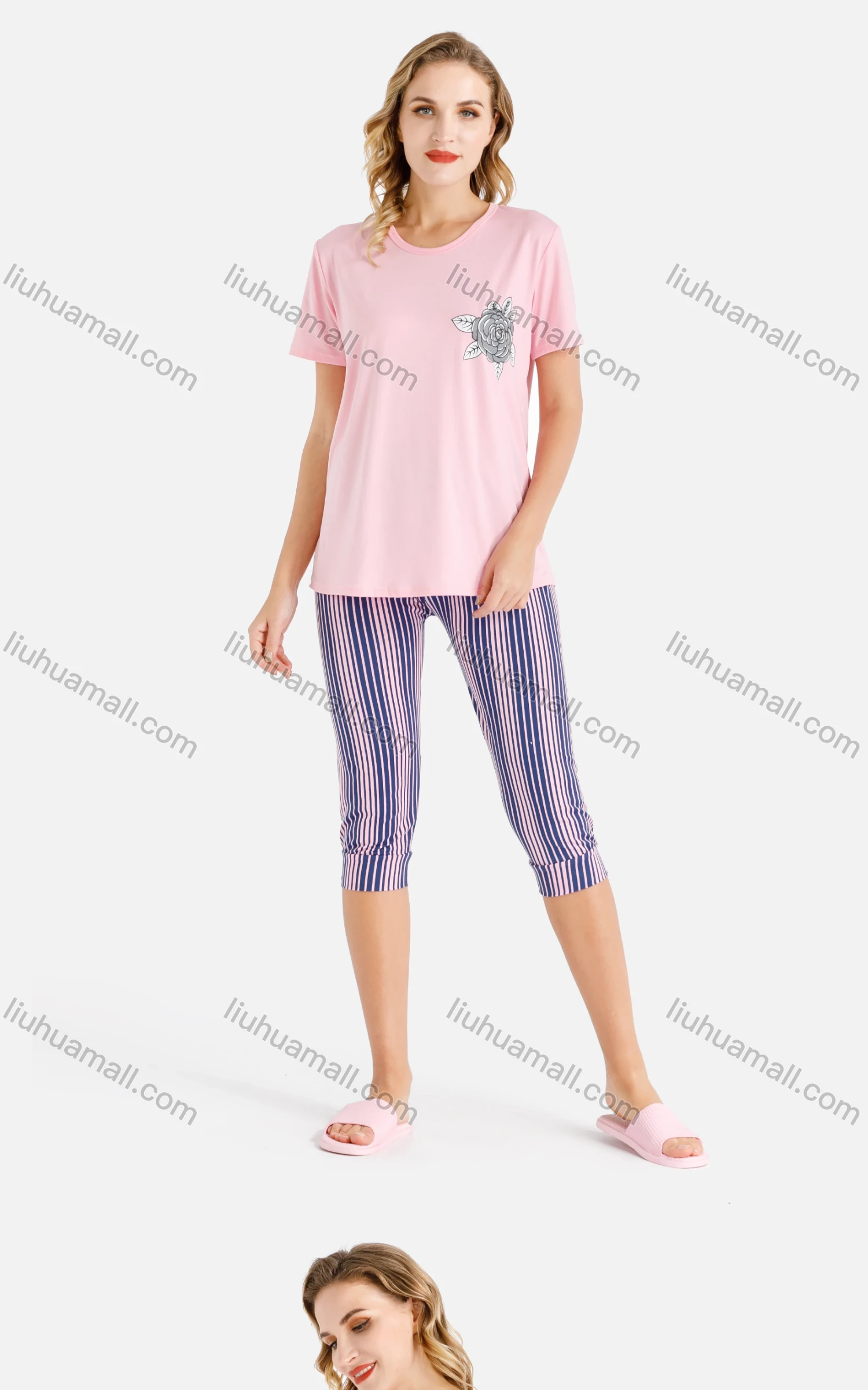 Wholesale Women's Lounge Soft Short Sleeve Floral Print T-Shirt & Striped Capris Pants Two-Piece Homewear Sets - Liuhuamall