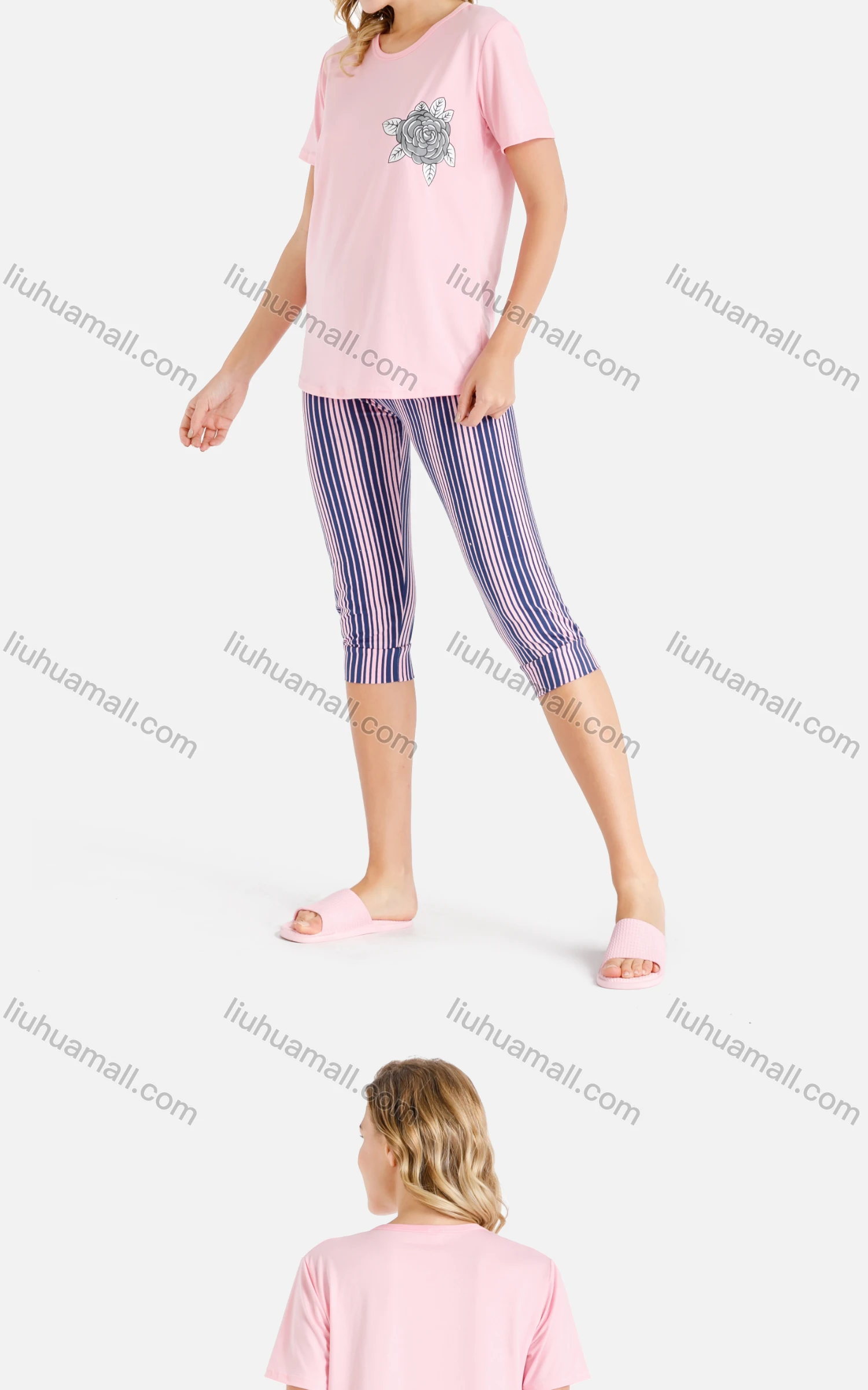 Wholesale Women's Lounge Soft Short Sleeve Floral Print T-Shirt & Striped Capris Pants Two-Piece Homewear Sets - Liuhuamall