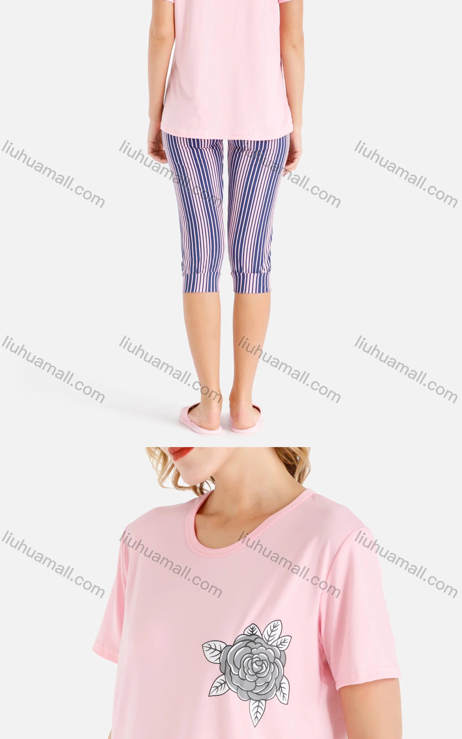 Wholesale Women's Lounge Soft Short Sleeve Floral Print T-Shirt & Striped Capris Pants Two-Piece Homewear Sets - Liuhuamall
