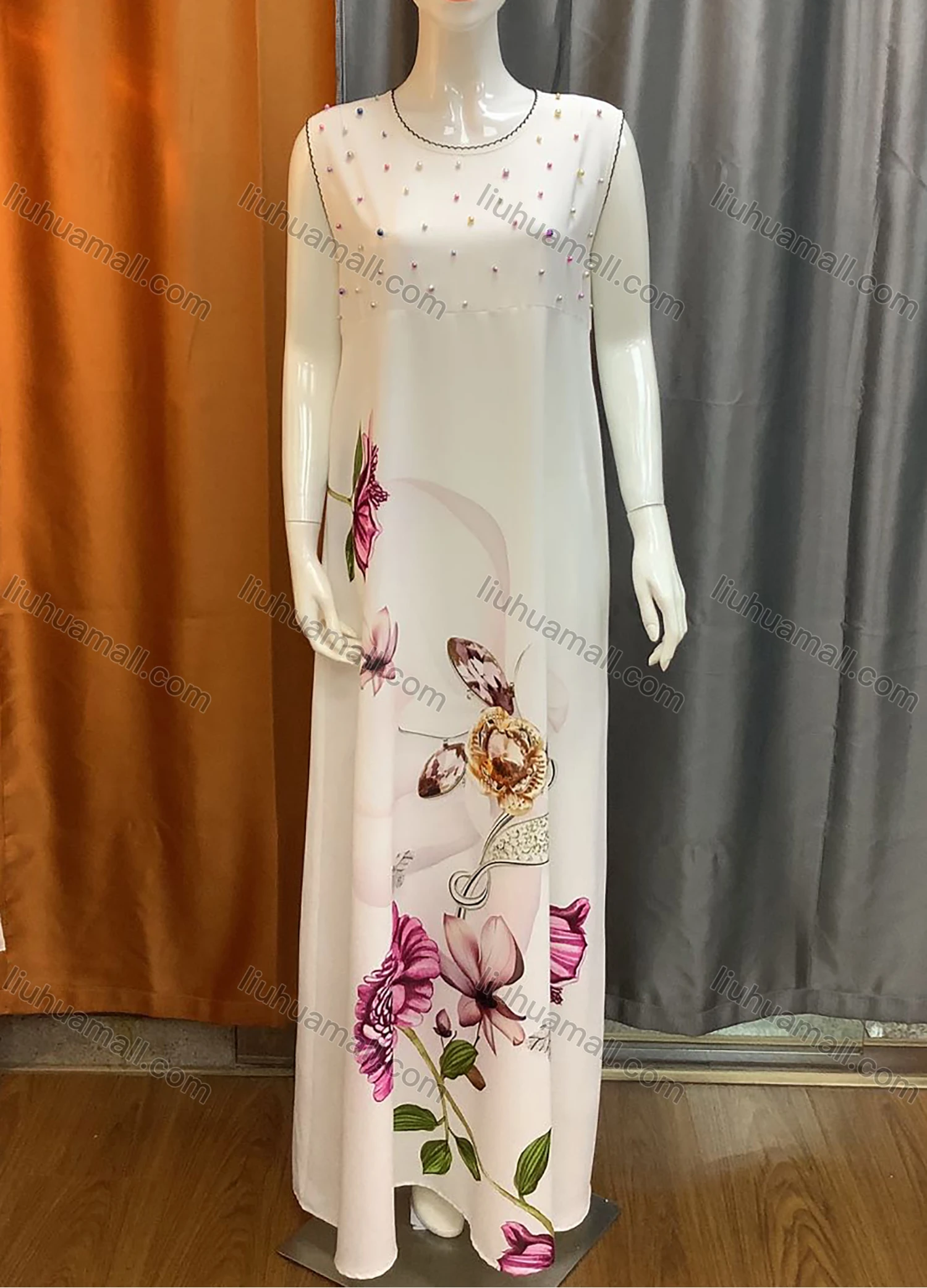 Wholesale Women's Elegant Round Neck Sleeveless Floral Print Pearl Decor Maxi Dress - Liuhuamall