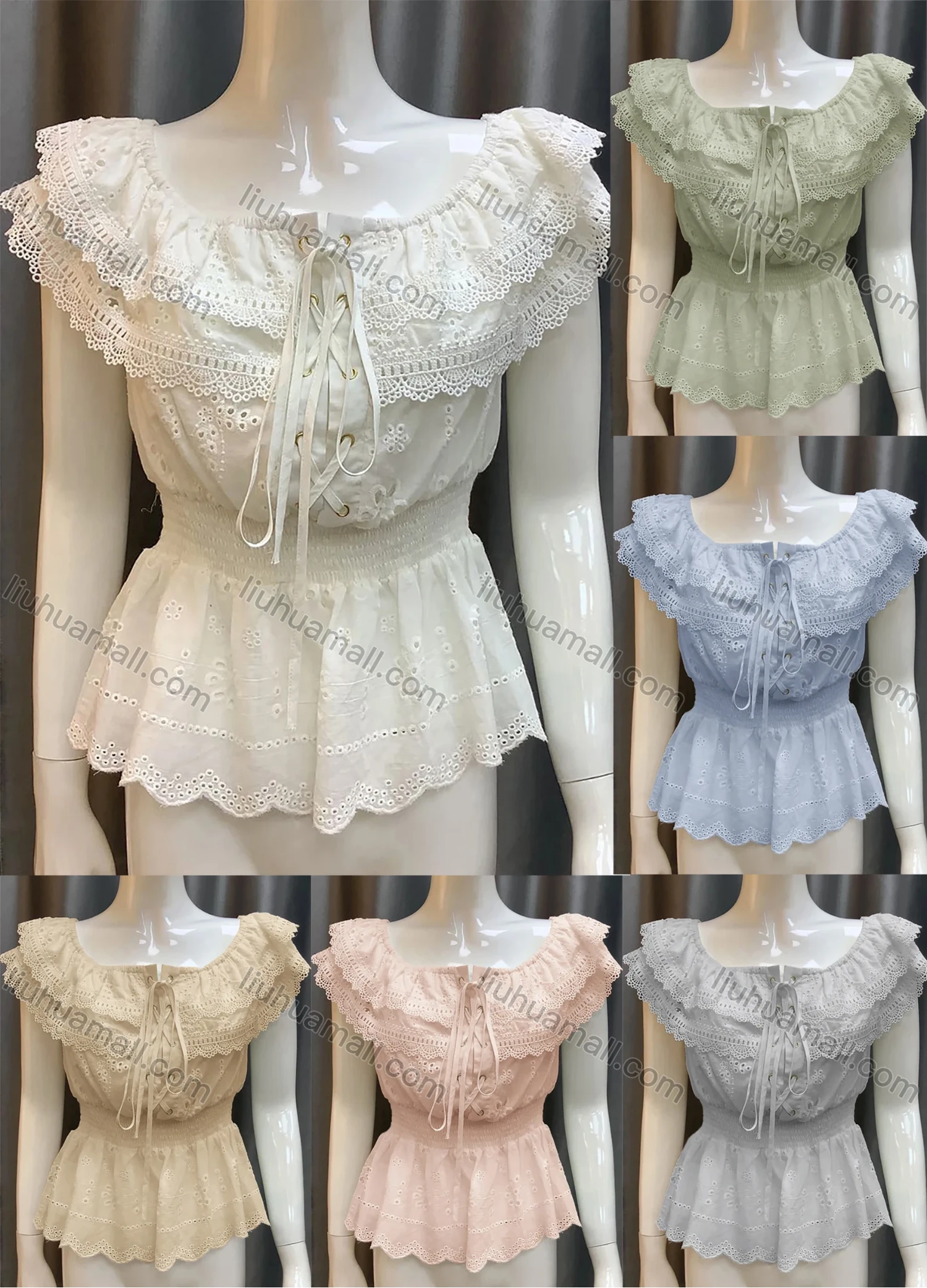 Wholesale Women's Lace Up Front Eyelet Embroidery Layered Plain Top 0482# - Liuhuamall