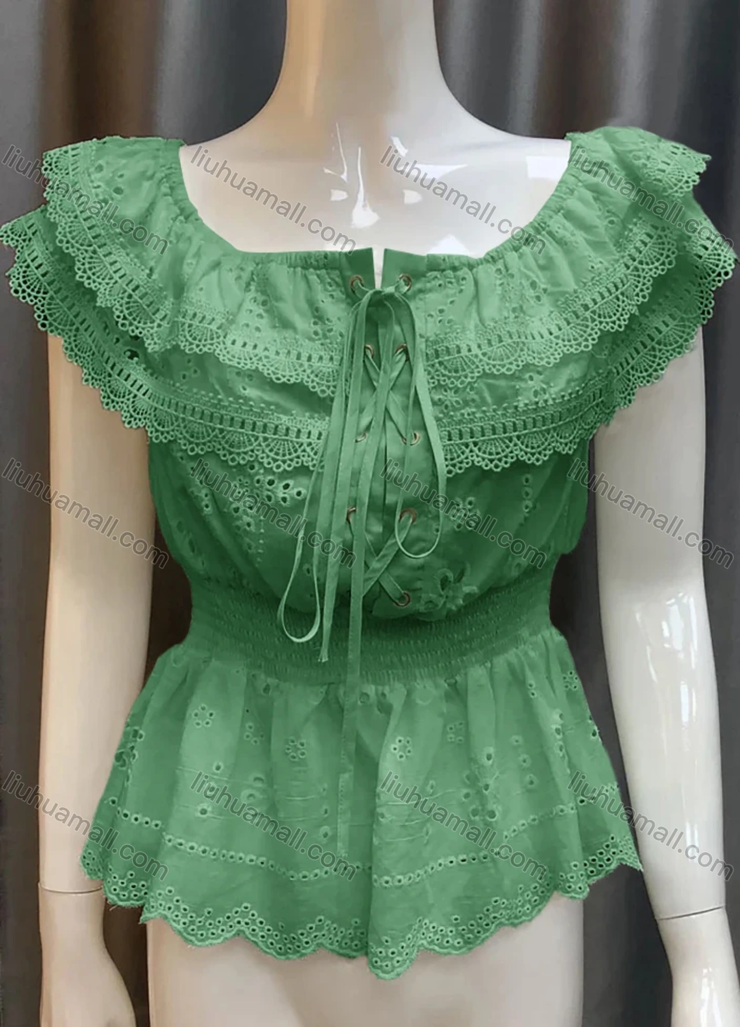 Wholesale Women's Lace Up Front Eyelet Embroidery Layered Plain Top 0482# - Liuhuamall