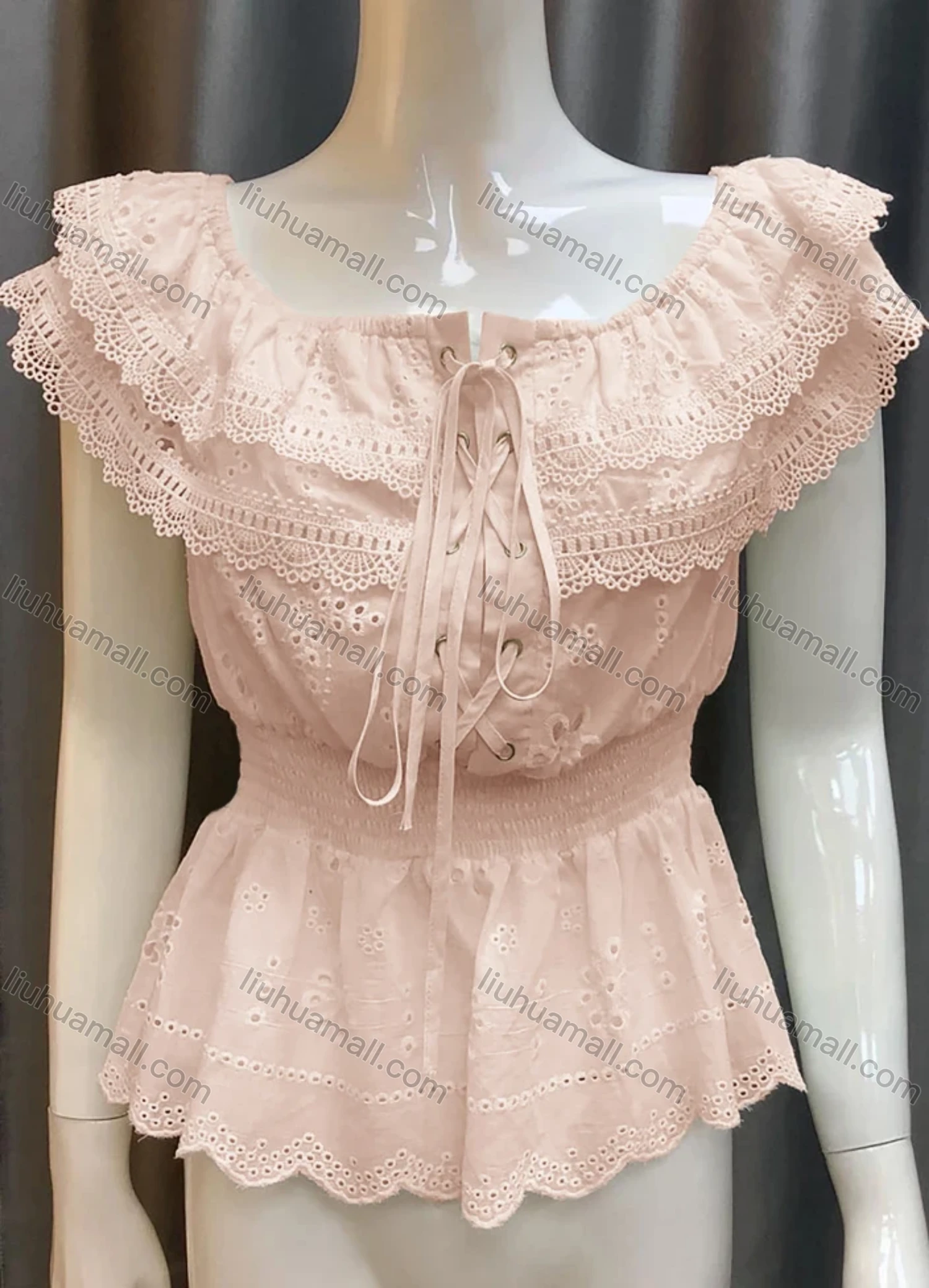Wholesale Women's Lace Up Front Eyelet Embroidery Layered Plain Top 0482# - Liuhuamall