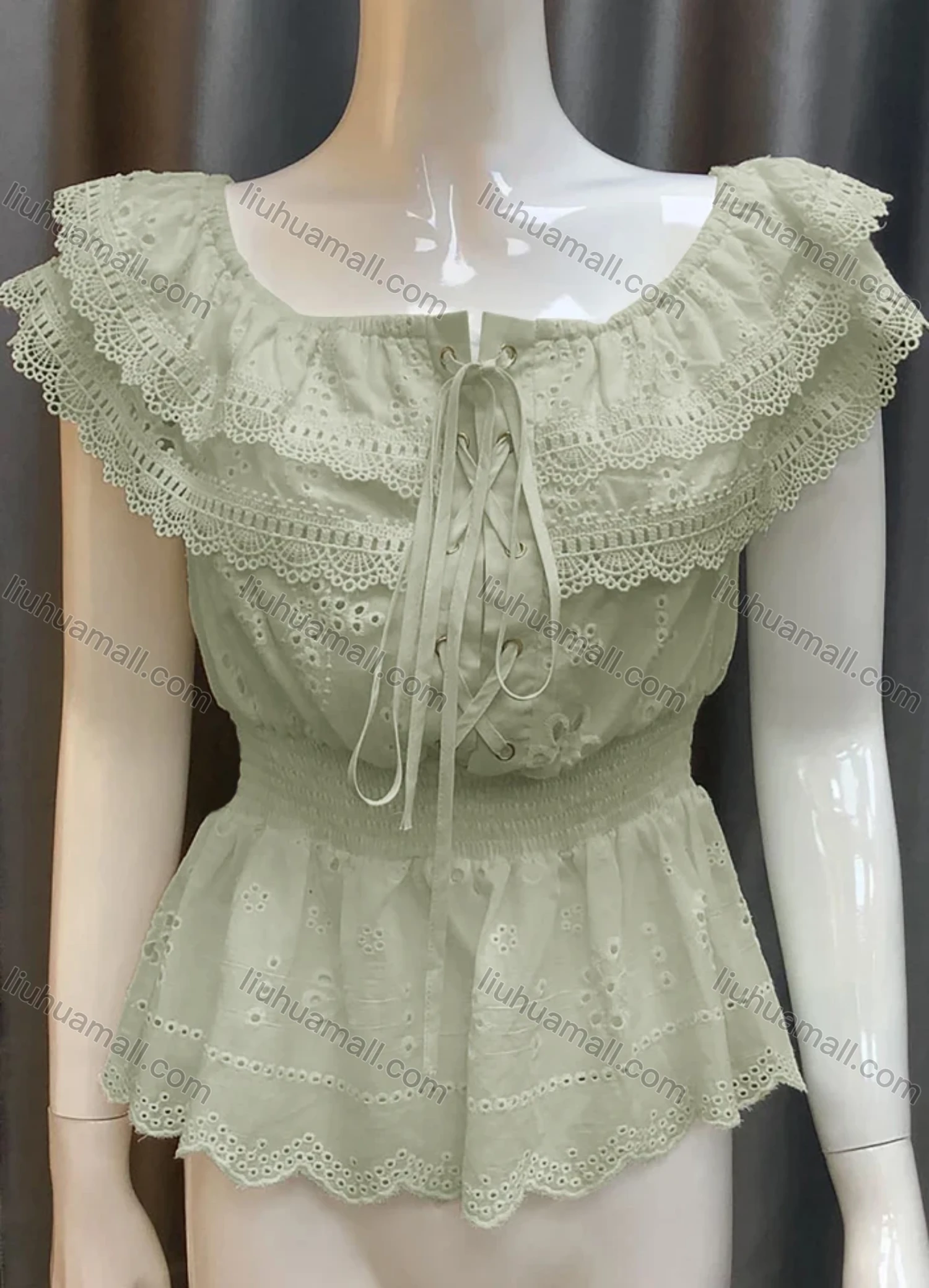 Wholesale Women's Lace Up Front Eyelet Embroidery Layered Plain Top 0482# - Liuhuamall