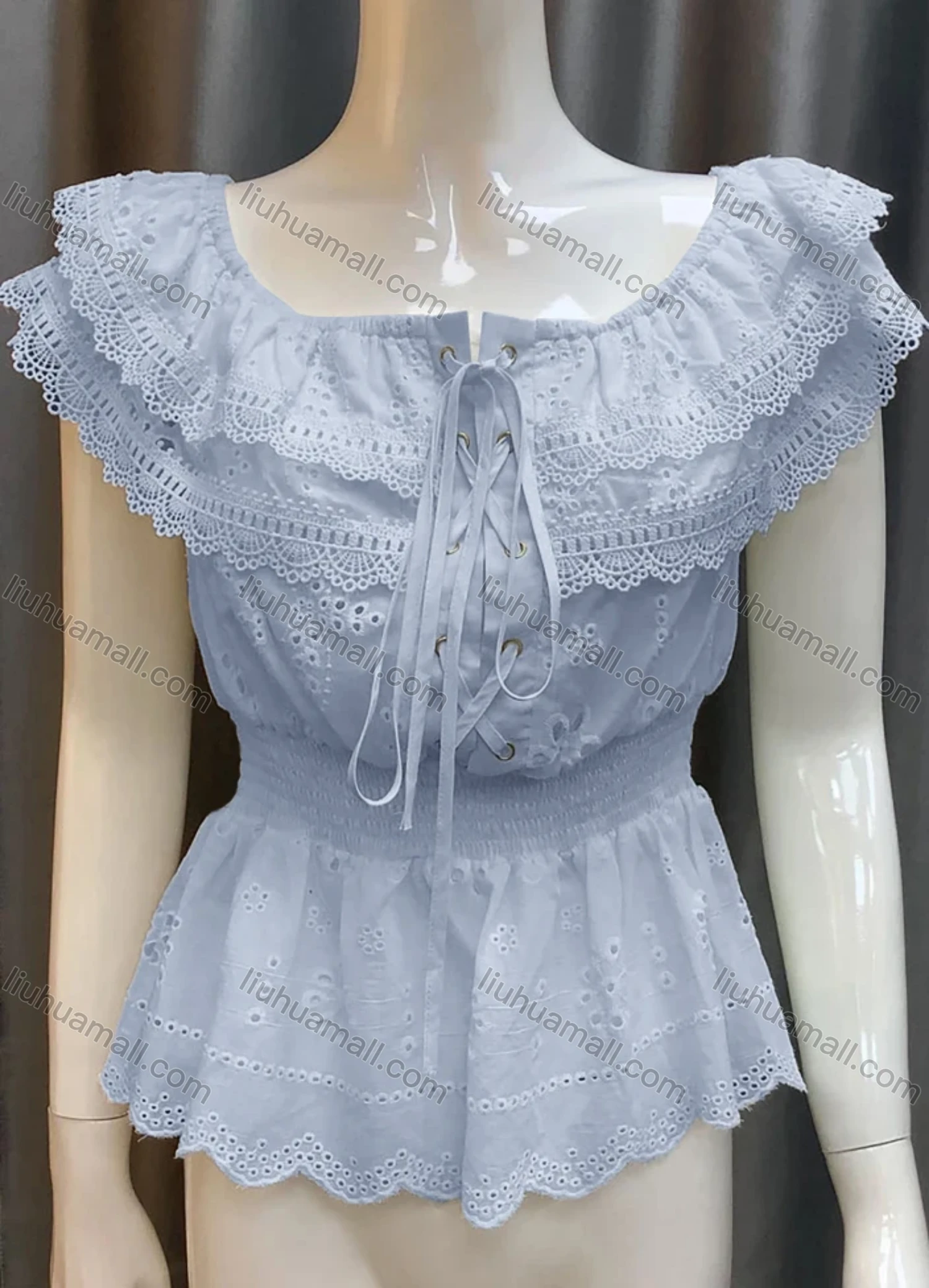 Wholesale Women's Lace Up Front Eyelet Embroidery Layered Plain Top 0482# - Liuhuamall