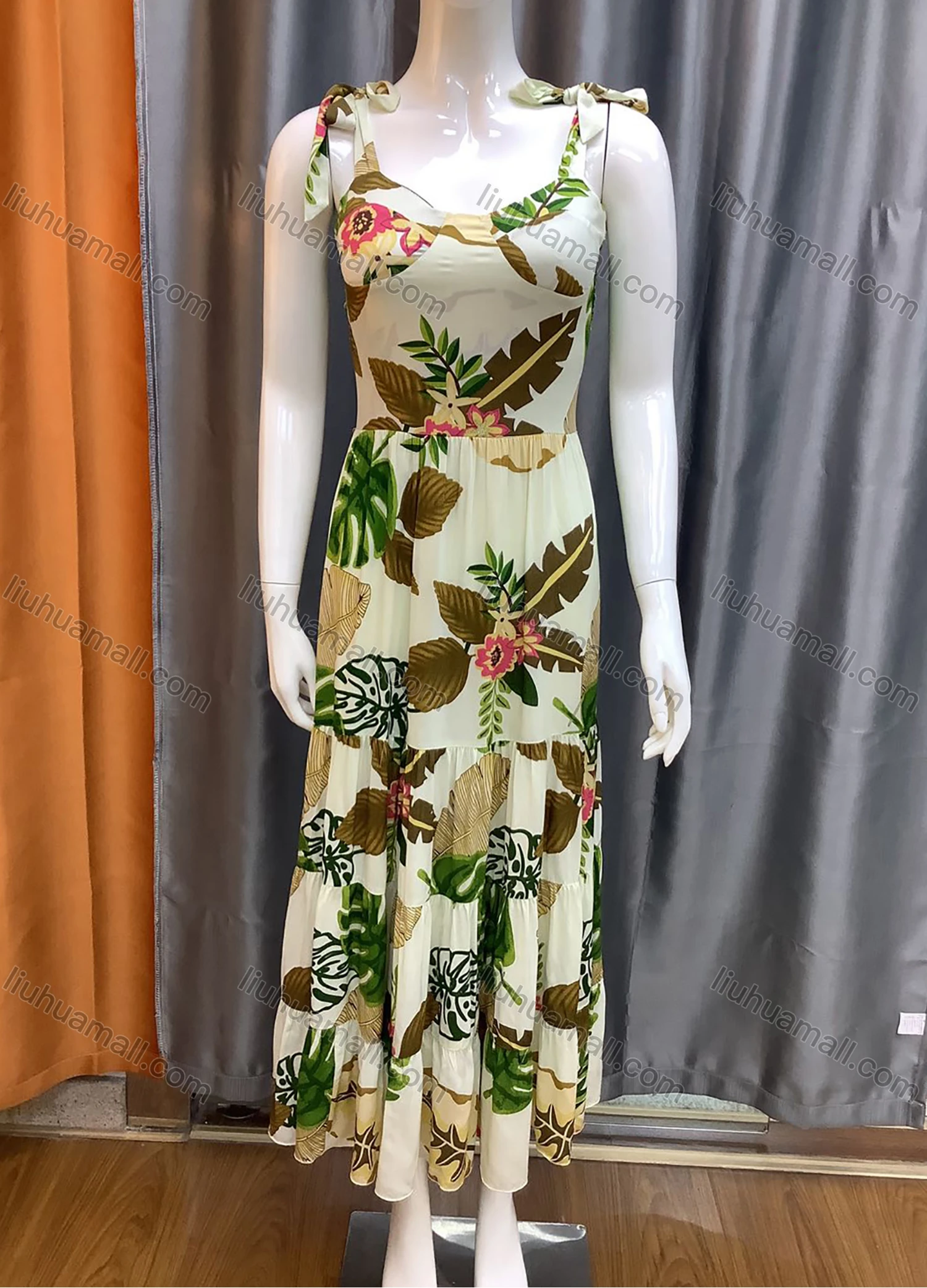 Wholesale Women's Casual High Waist Bow Knot Tropical Print Maxi Dress Y-21070# - Liuhuamall