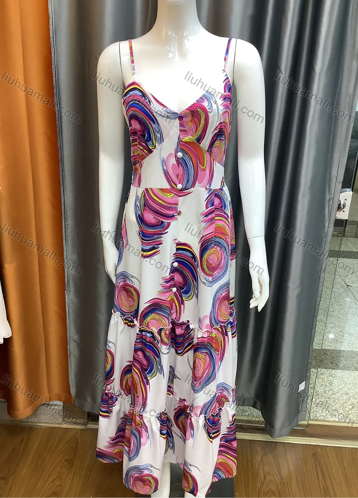 Wholesale Women's V Neck Spaghetti Strap Button Decor Abstract Print Maxi Dress 99756# - Liuhuamall