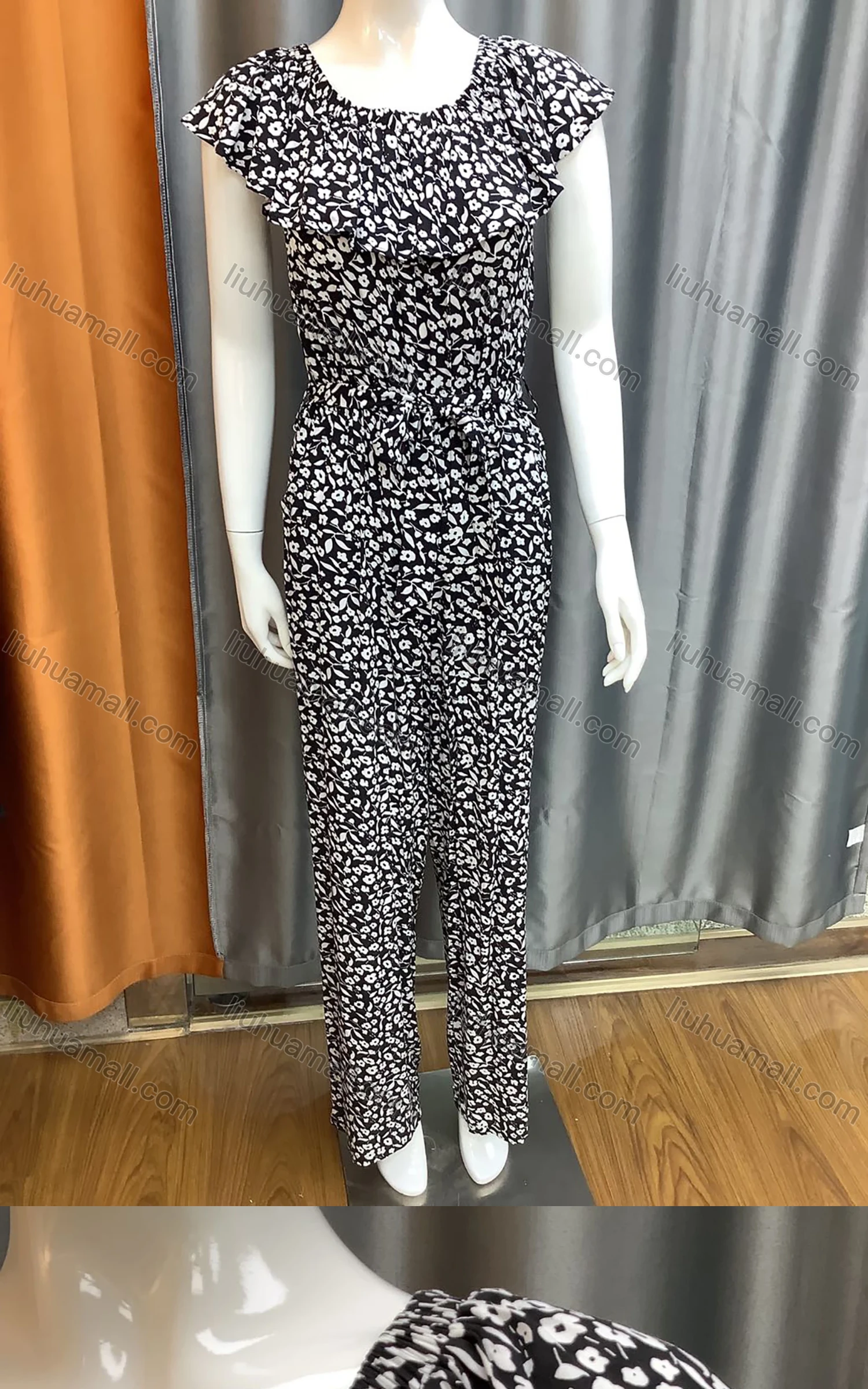 Wholesale Women's Vintage Cap Sleeve Layered Allover Floral Print Lace Jumpsuit With Belt 9345# - Liuhuamall