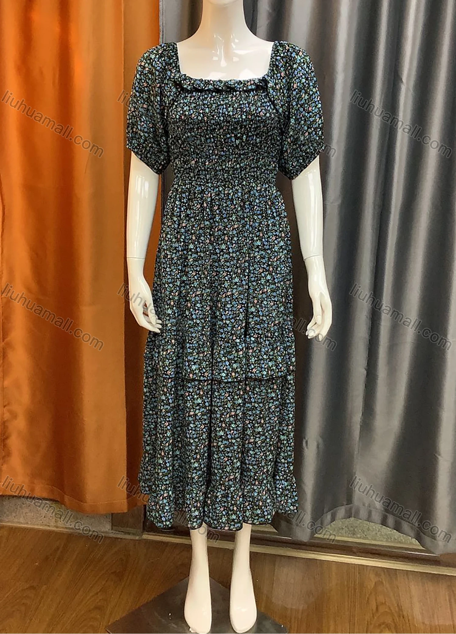 Wholesale Women's Casual Square-neck Short Sleeve Allover Floral Print Shirred Layered Midi Dress AL21007# - Liuhuamall