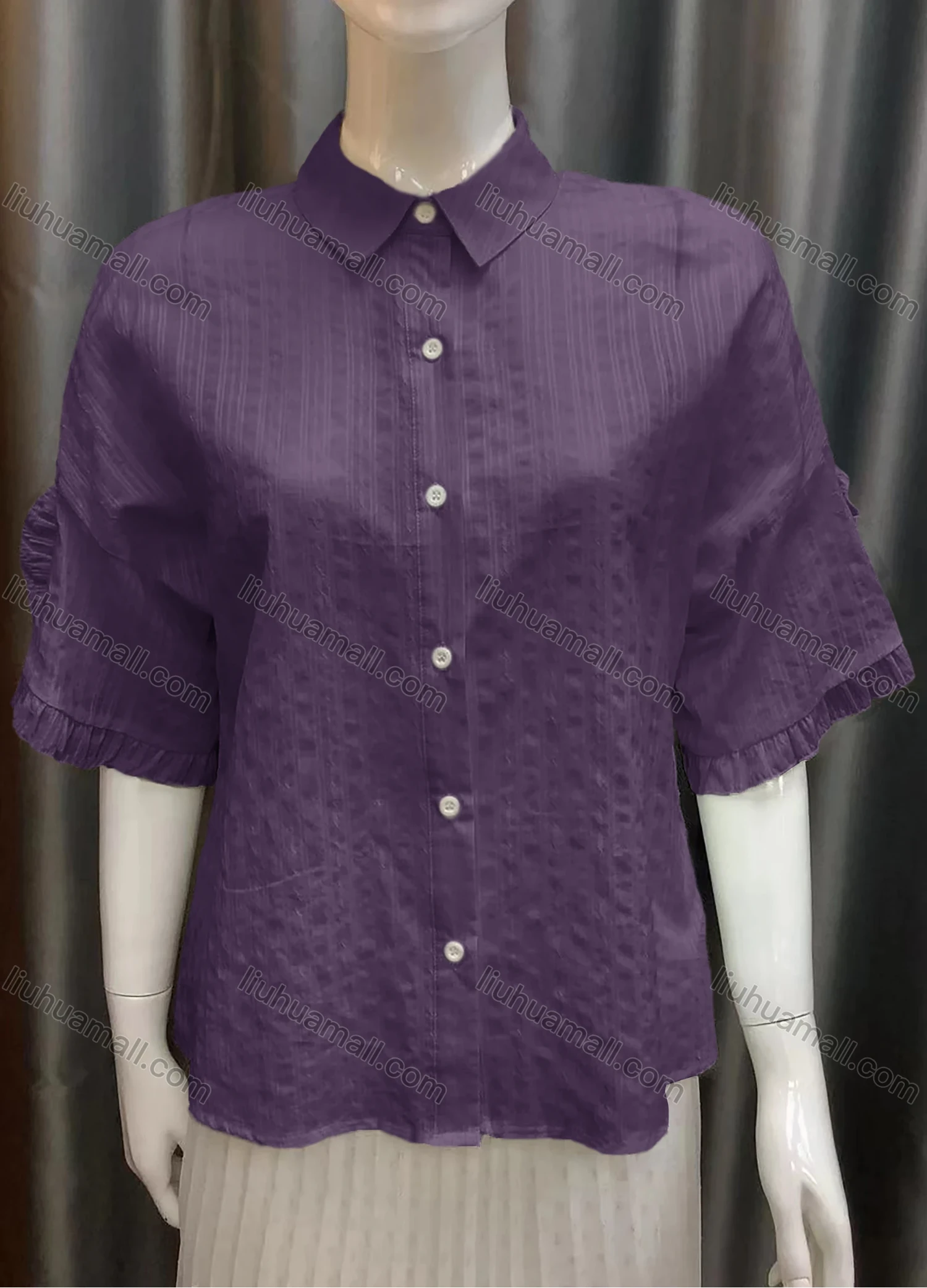 Wholesale Women's Collared Button Down Plain 3/4 Sleeve Shirt AS21009# - Liuhuamall