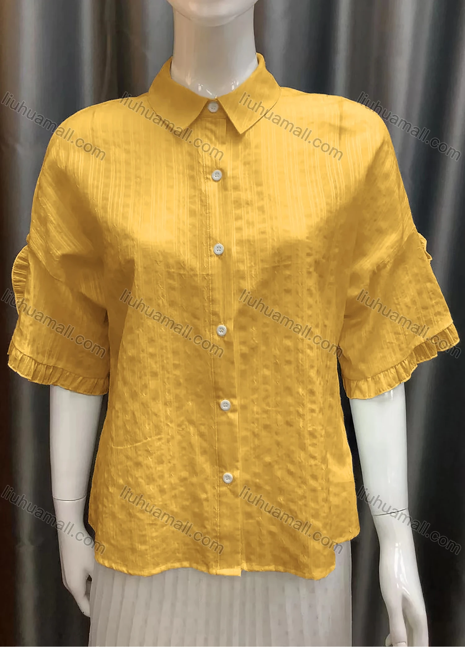 Wholesale Women's Collared Button Down Plain 3/4 Sleeve Shirt AS21009# - Liuhuamall