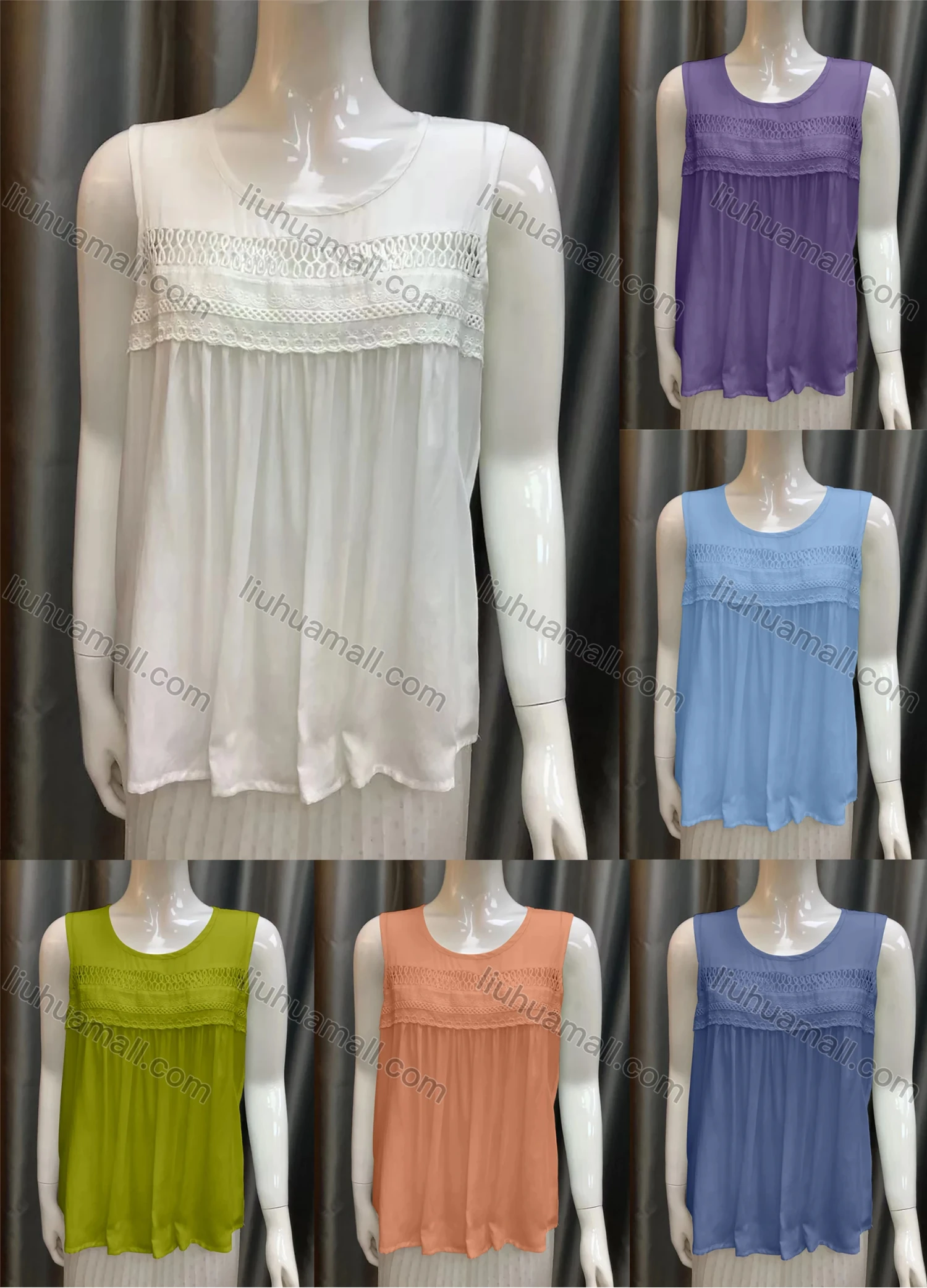 Wholesale Women's Scoop-neck Sleeveless Hollow Out Plain Embroidery Tank Top AT044# - Liuhuamall