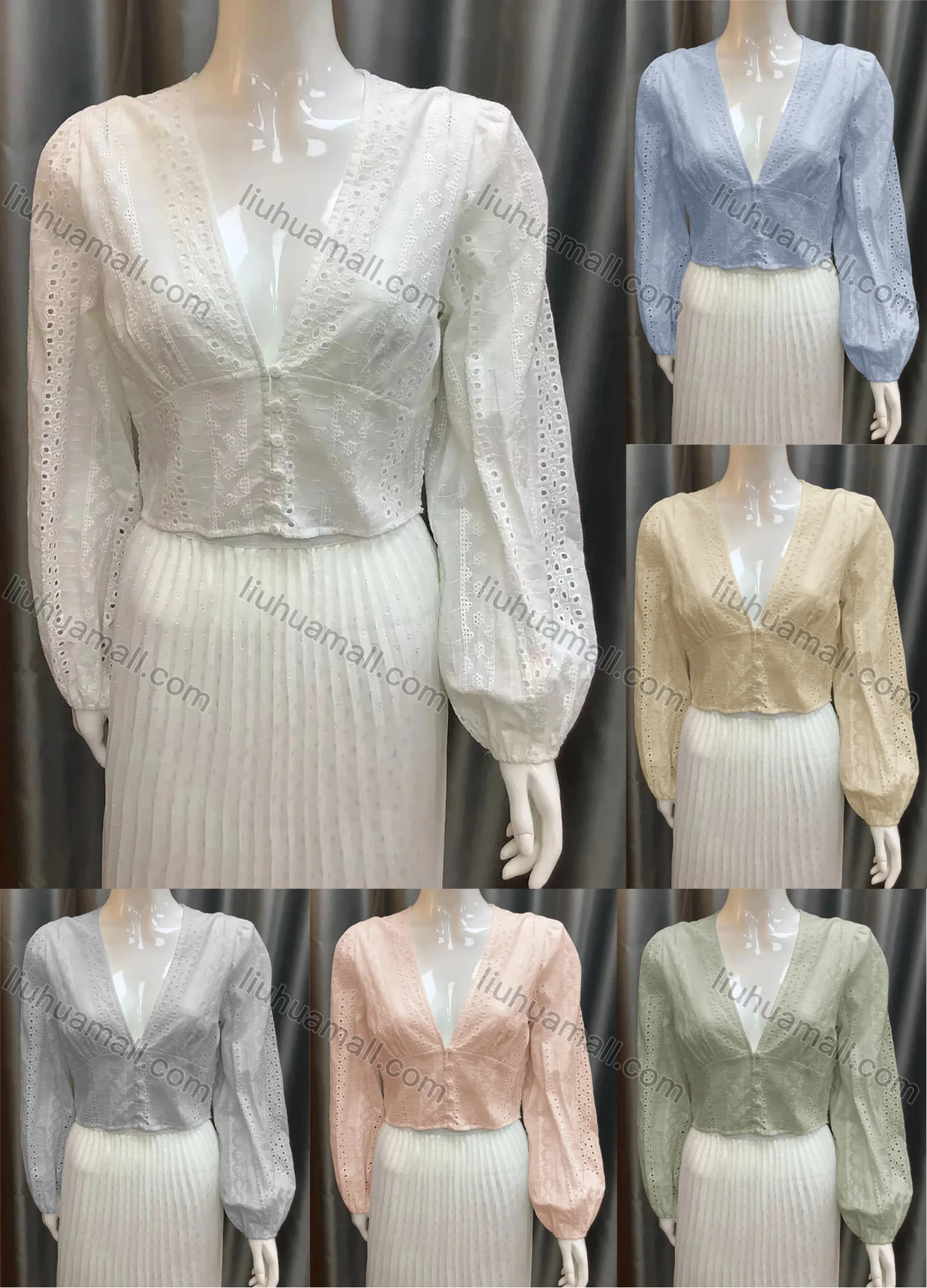 Wholesale Women's Deep V-neck Button Decor Puff Sleeve Eyelet Lace Embroidery Plain Top AT21008# - Liuhuamall