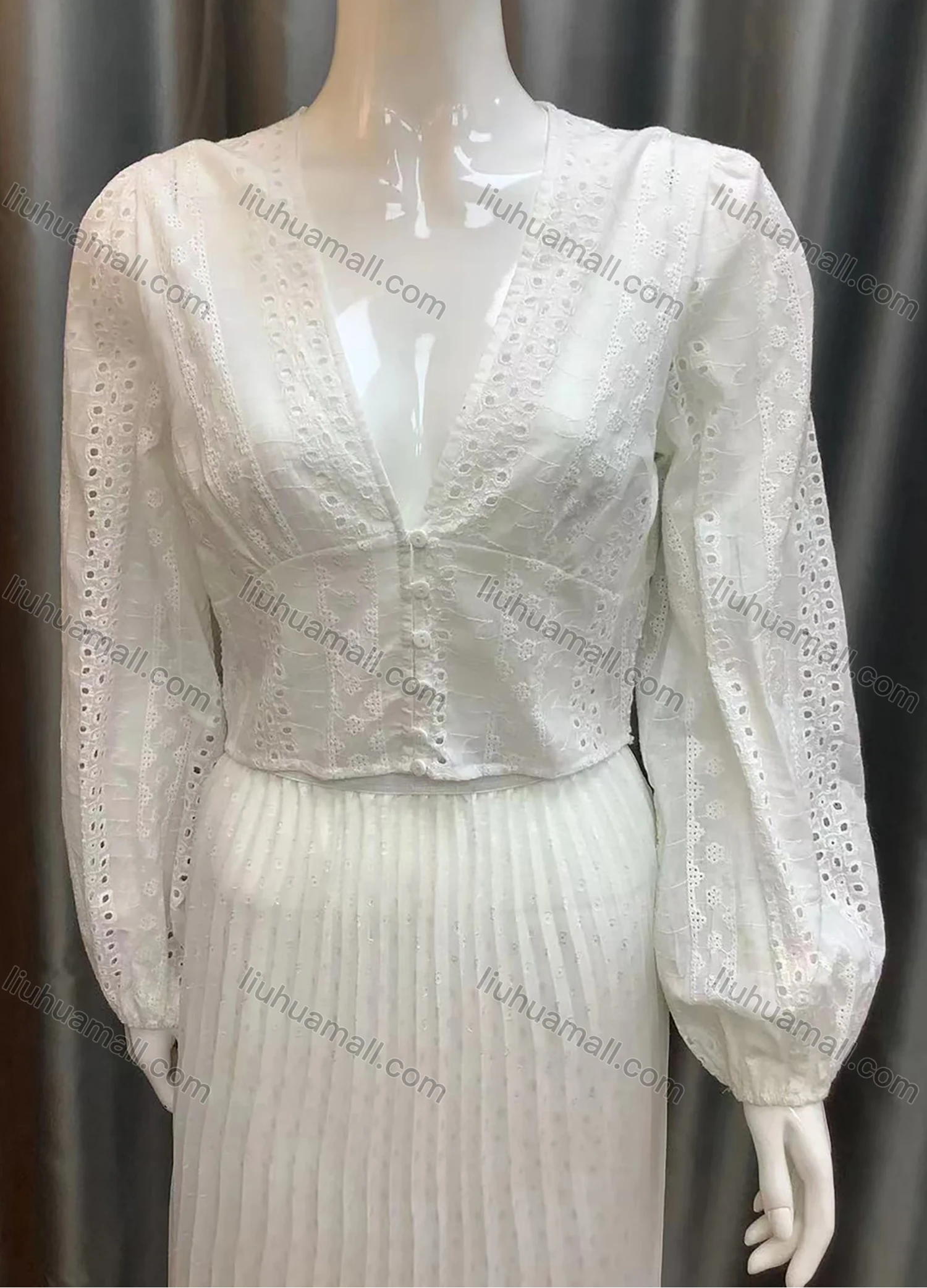 Wholesale Women's Deep V-neck Button Decor Puff Sleeve Eyelet Lace Embroidery Plain Top AT21008# - Liuhuamall