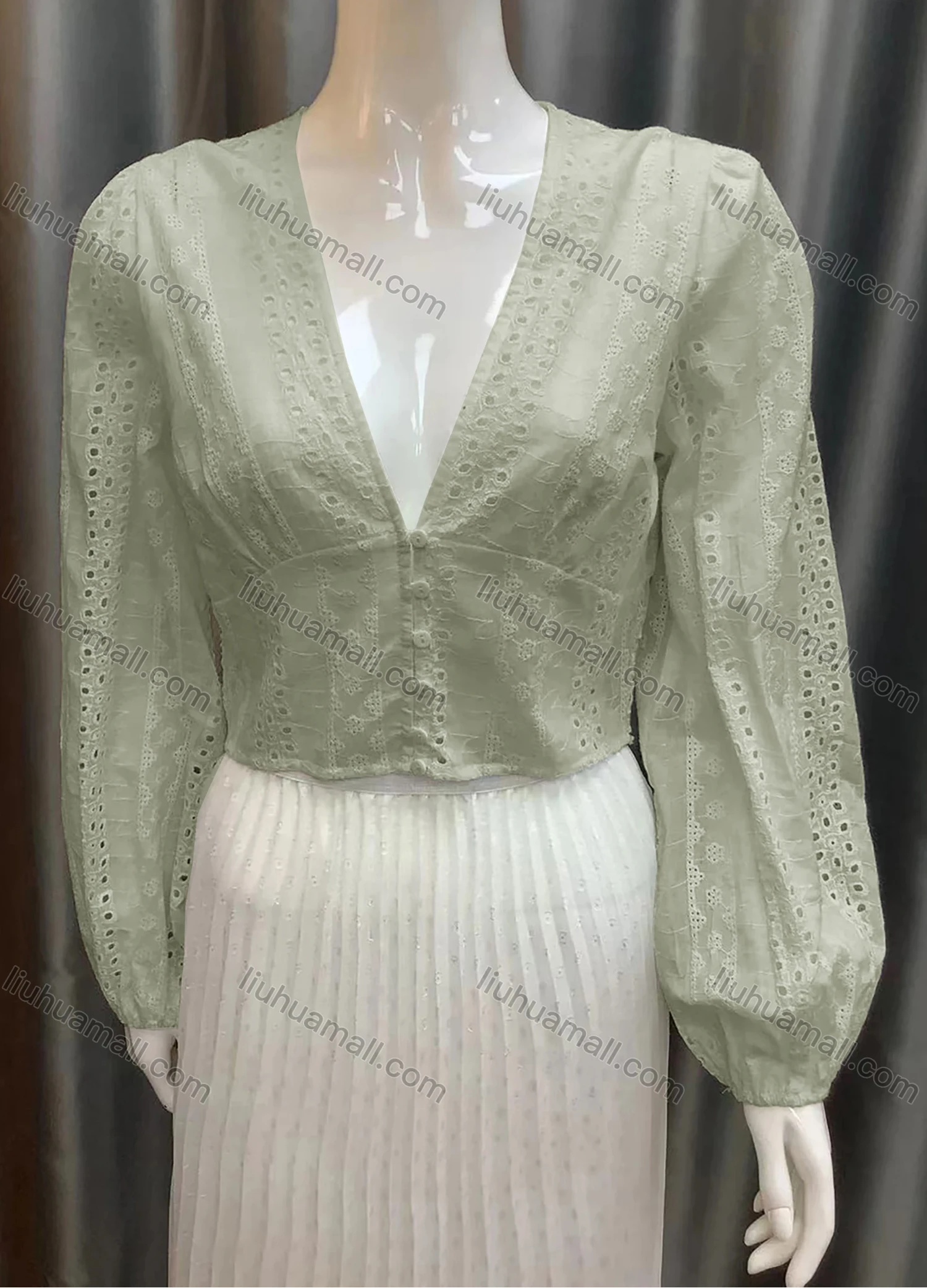 Wholesale Women's Deep V-neck Button Decor Puff Sleeve Eyelet Lace Embroidery Plain Top AT21008# - Liuhuamall