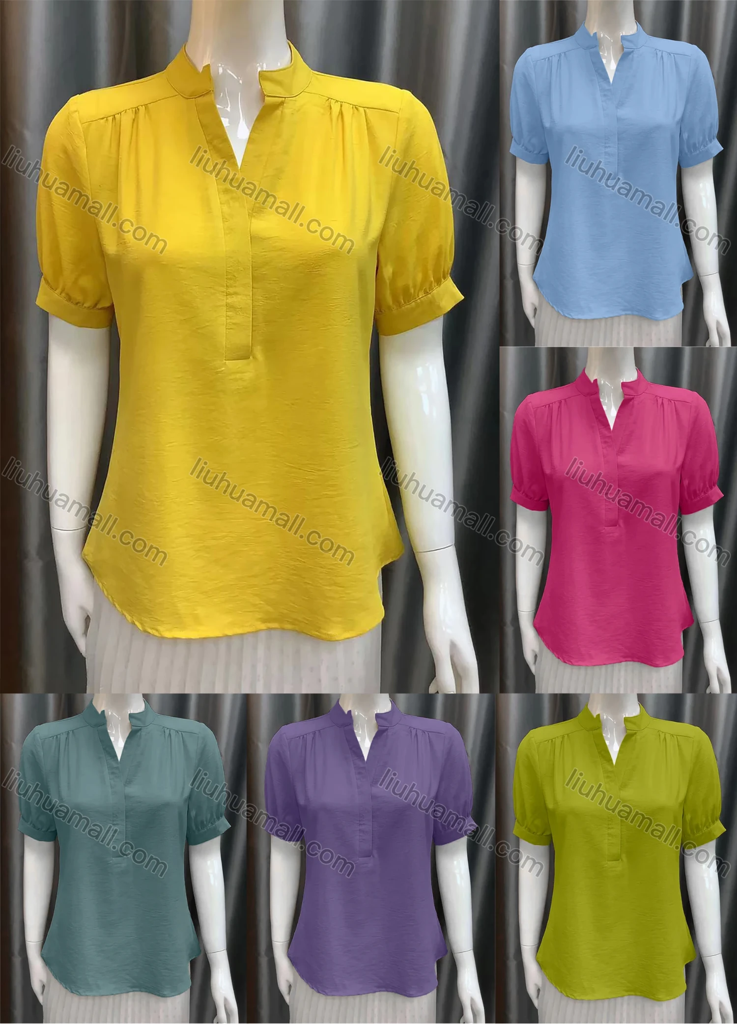 Wholesale Women's Casual Notched Neck Short Sleeve Plain Top Q11# - Liuhuamall