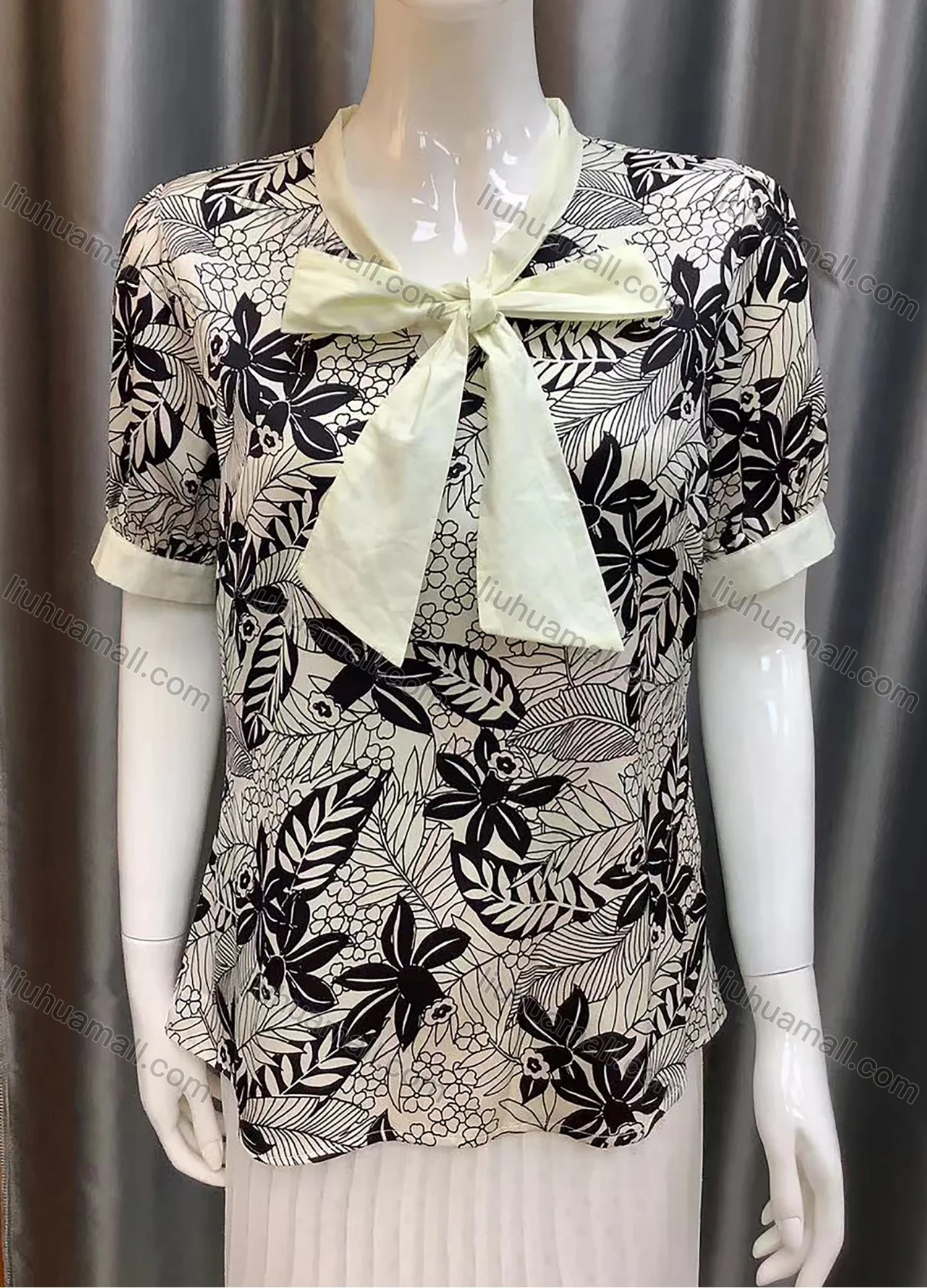 Wholesale Women's Bow knot Front Roll-up Sleeve Plant Print Casual Top Q14# - Liuhuamall
