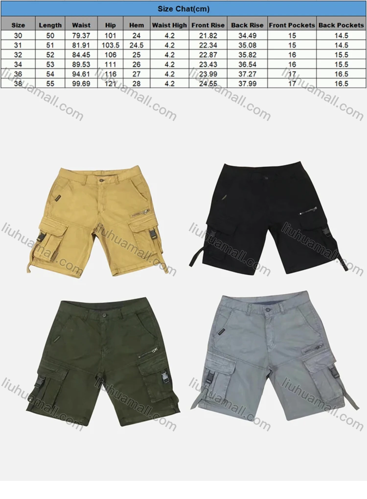 Wholesale Men's Casual Plain Zip Decor Button Front Multiple Pockets Cargo Shorts - Liuhuamall