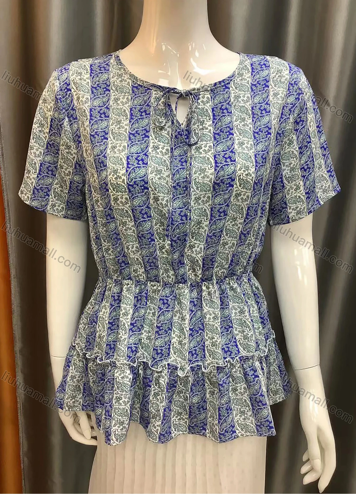 Wholesale Women's Tie Front Keyhole-neck High Waist Ruffle Trim Paisley Print Casual Top Q22# - Liuhuamall