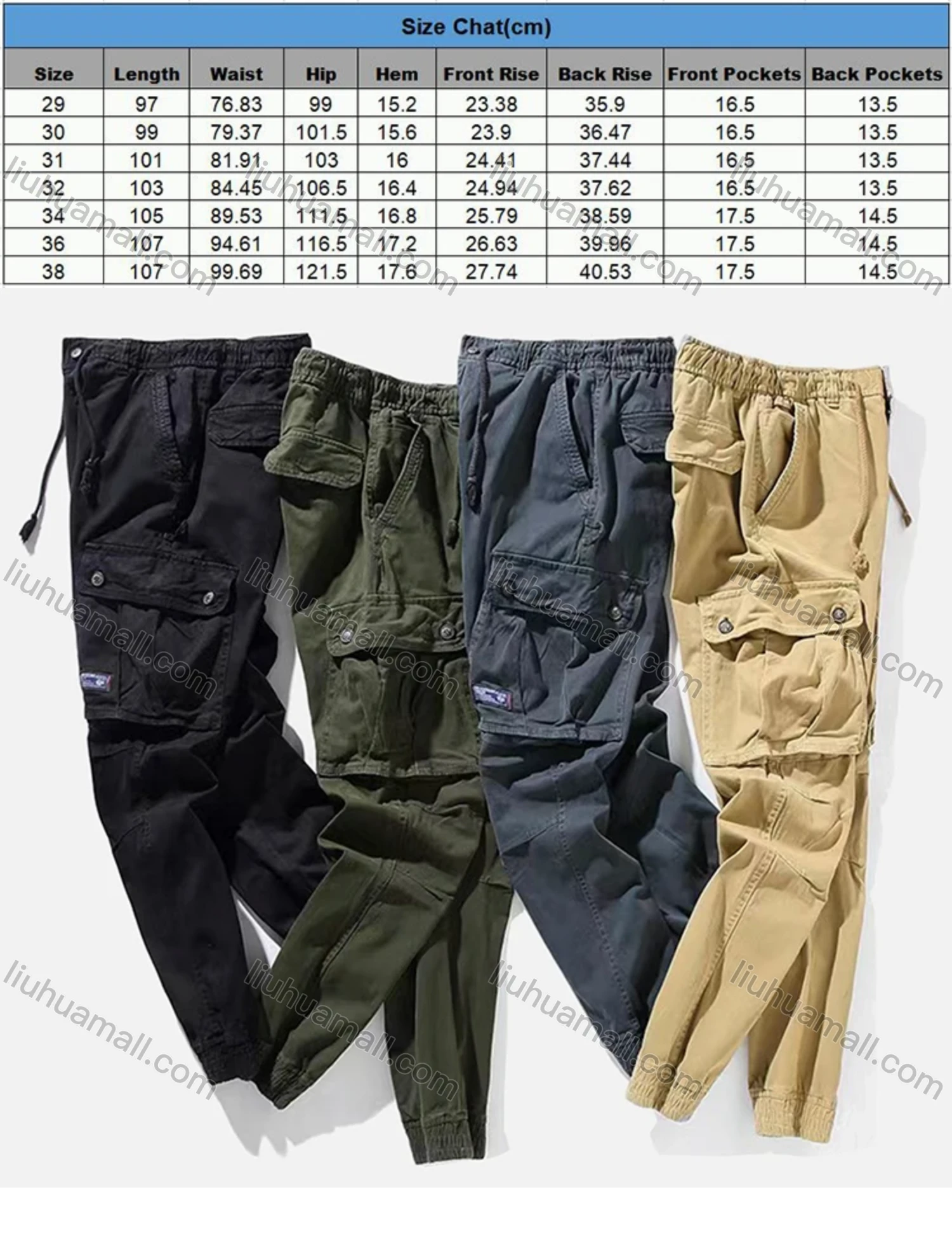 Wholesale Men's Casual Drawstring Button Front Flap Pockets Elastic Hem Cargo Pants 1923# - Liuhuamall