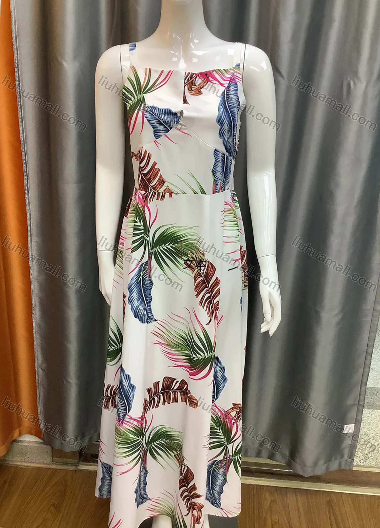 Wholesale Women's Square-neck Strap Multi-color Plant Print Maxi Cami Dress 3197# - Liuhuamall