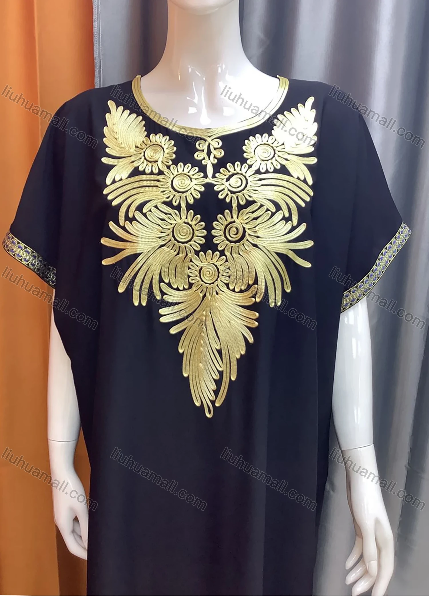 Wholesale Women's African Round Neck Floral Embroidery Kaftan Dress AL01# - Liuhuamall