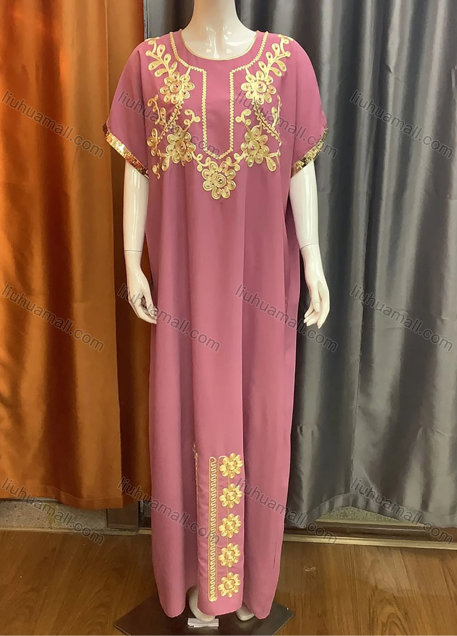 Wholesale Women's African Round Neck Floral Embroidery Pearl Decor Kaftan Dress AL07# - Liuhuamall