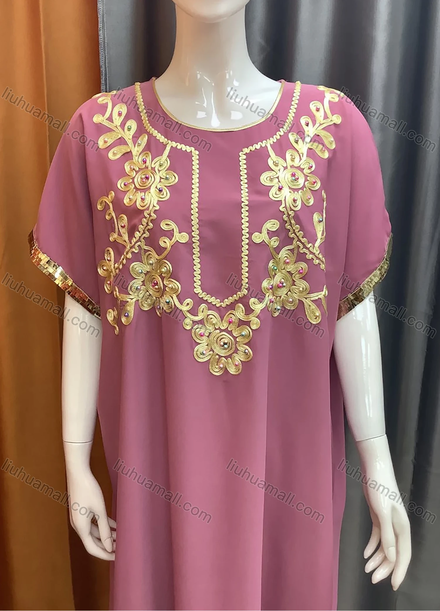 Wholesale Women's African Round Neck Floral Embroidery Pearl Decor Kaftan Dress AL07# - Liuhuamall