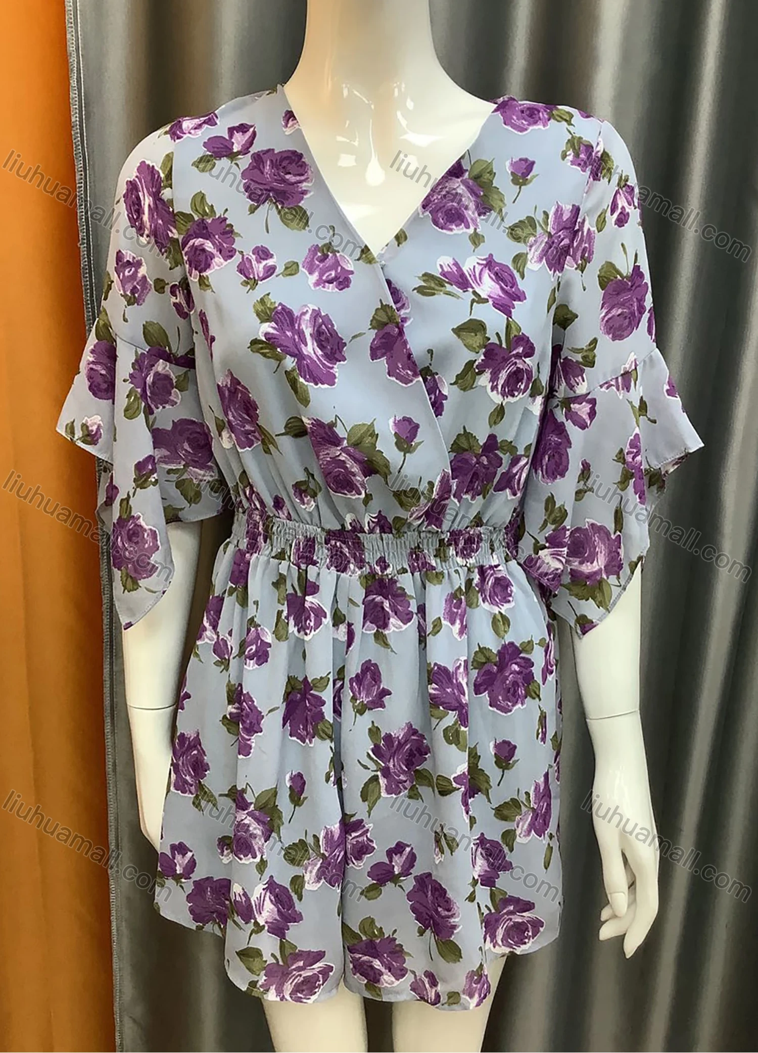 Wholesale Women's V-neck Petal Sleeve Shirred Waist Floral Print Short Dress AL0478# - Liuhuamall