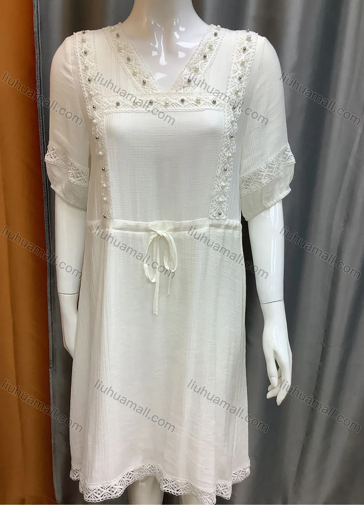 Wholesale Women's V-neck Pearl Decors Hollow Out Half Sleeve Drawstring Waist Short Dress AL21110# - Liuhuamall
