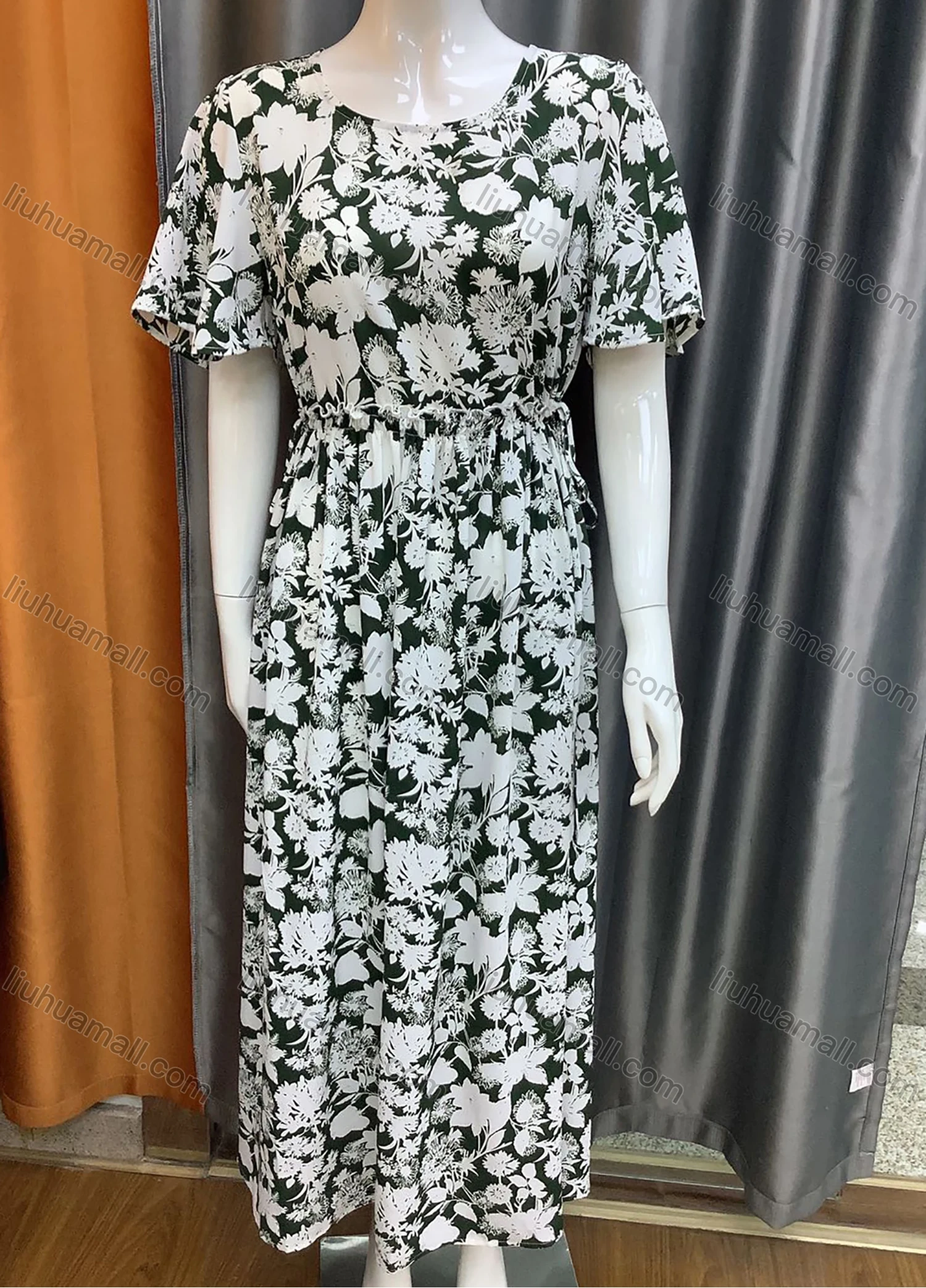 Wholesale Women's Round-neck Short Sleeve Floral Print Ruffle Trim Maxi Dress AX30057# - Liuhuamall