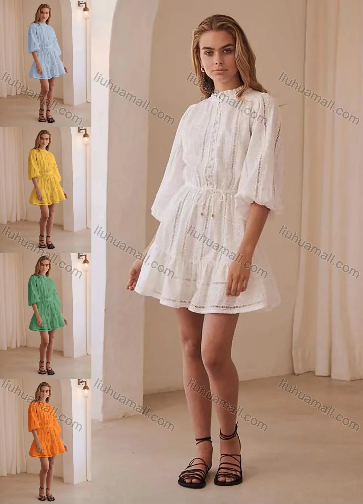 Wholesale Women's Ruffle-neck Bishop Sleeve Buttons Front Hollow Out Lace Up Plain Short Dress AY002# - Liuhuamall