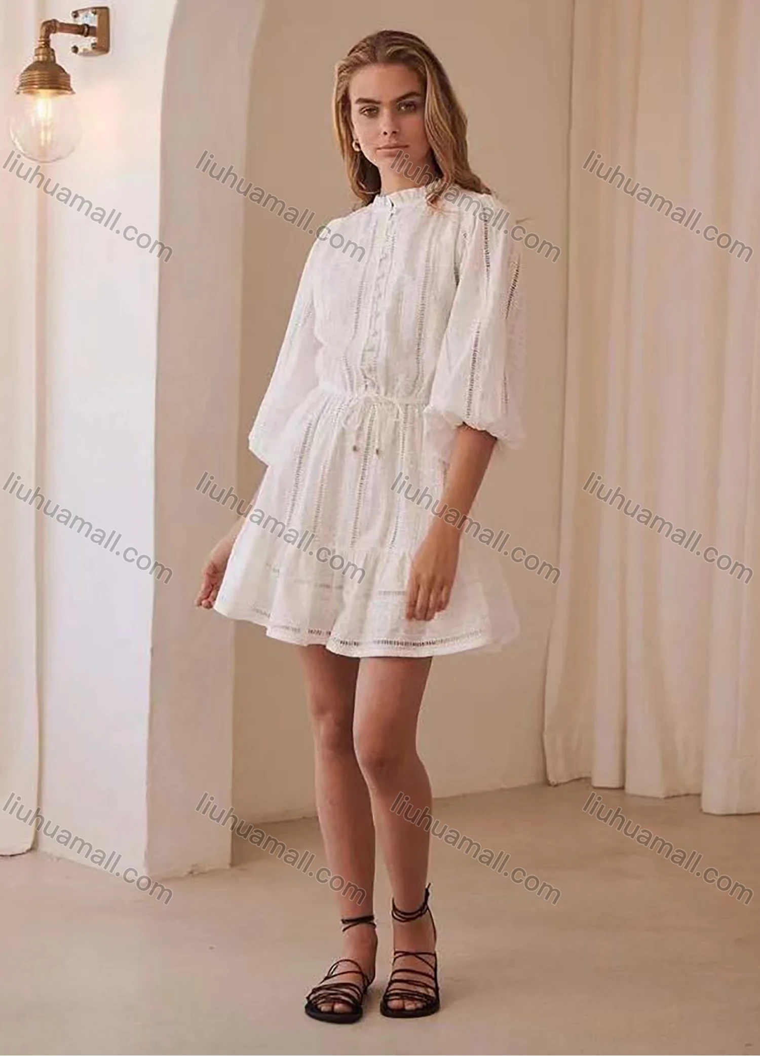 Wholesale Women's Ruffle-neck Bishop Sleeve Buttons Front Hollow Out Lace Up Plain Short Dress AY002# - Liuhuamall