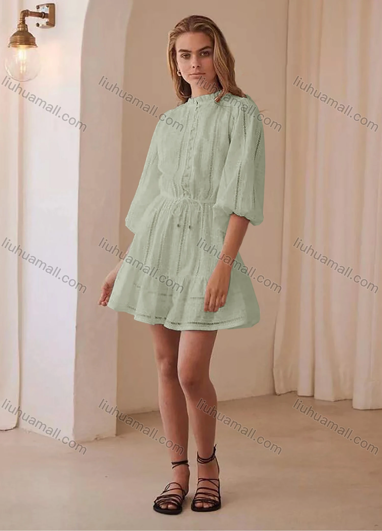Wholesale Women's Ruffle-neck Bishop Sleeve Buttons Front Hollow Out Lace Up Plain Short Dress AY002# - Liuhuamall