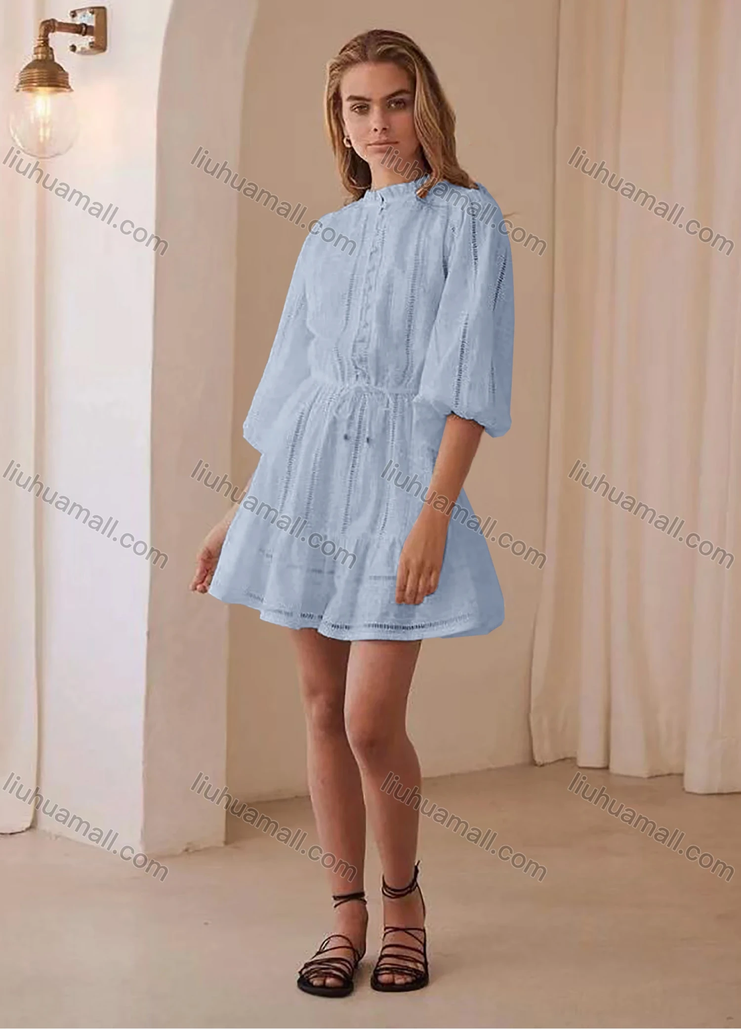 Wholesale Women's Ruffle-neck Bishop Sleeve Buttons Front Hollow Out Lace Up Plain Short Dress AY002# - Liuhuamall