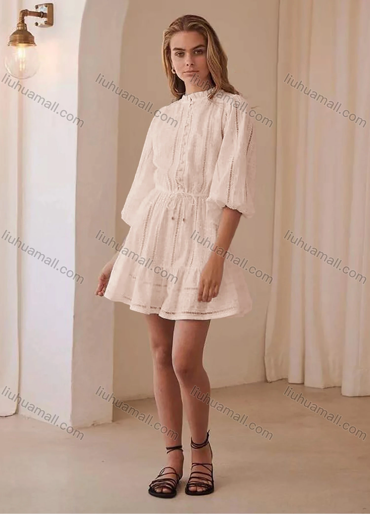 Wholesale Women's Ruffle-neck Bishop Sleeve Buttons Front Hollow Out Lace Up Plain Short Dress AY002# - Liuhuamall