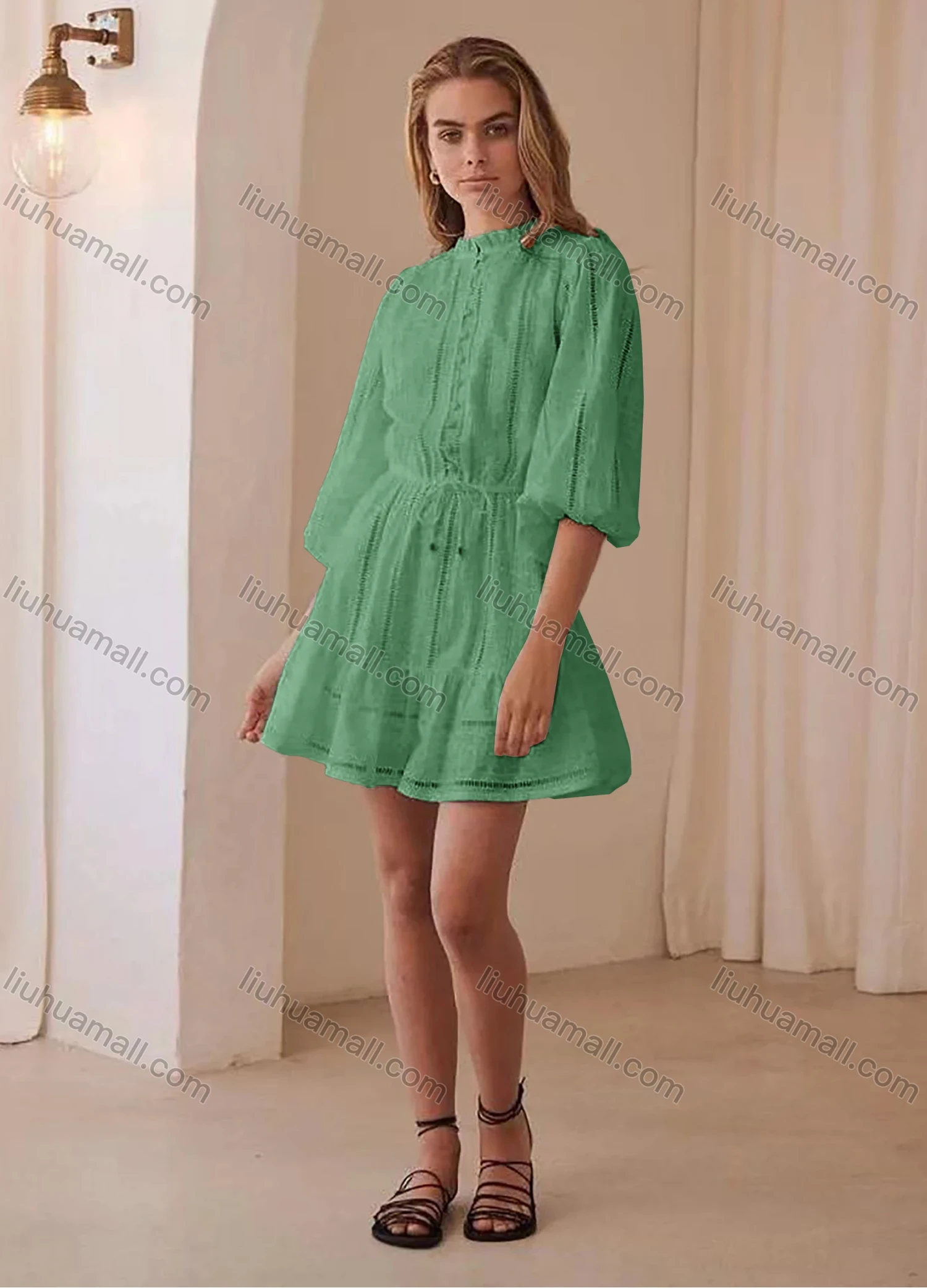 Wholesale Women's Ruffle-neck Bishop Sleeve Buttons Front Hollow Out Lace Up Plain Short Dress AY002# - Liuhuamall