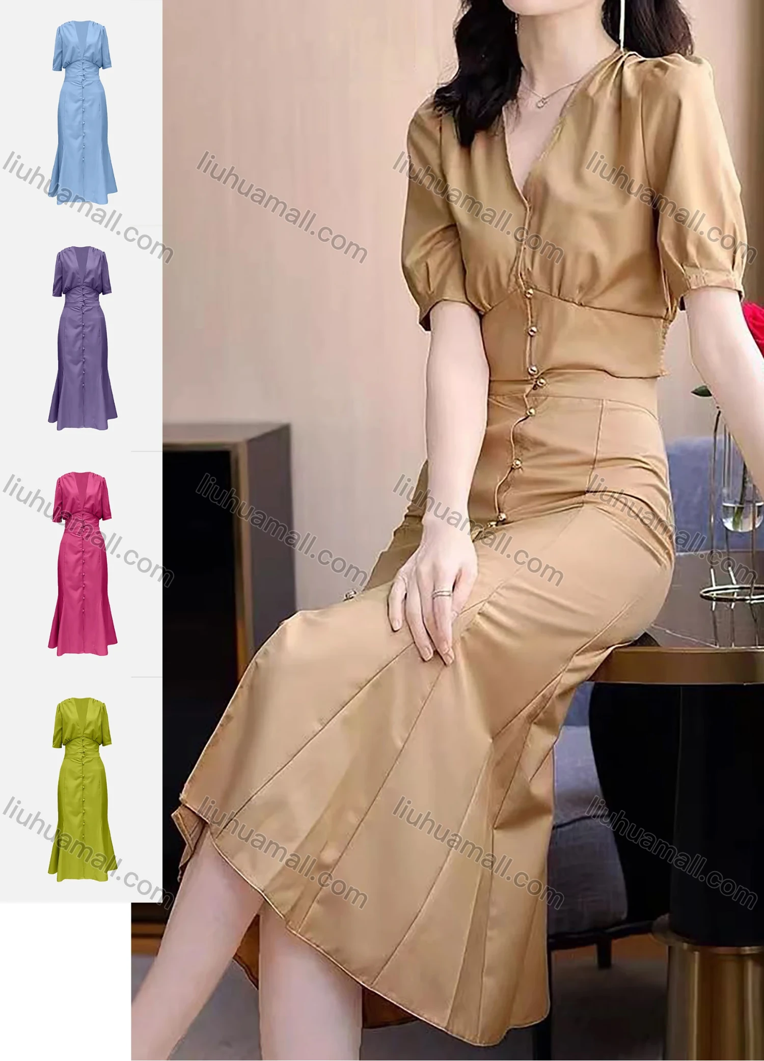 Wholesale Women's Deep V-neck Half Sleeve Button Trumpet Plain Slim Fit Midi Dress AY003# - Liuhuamall