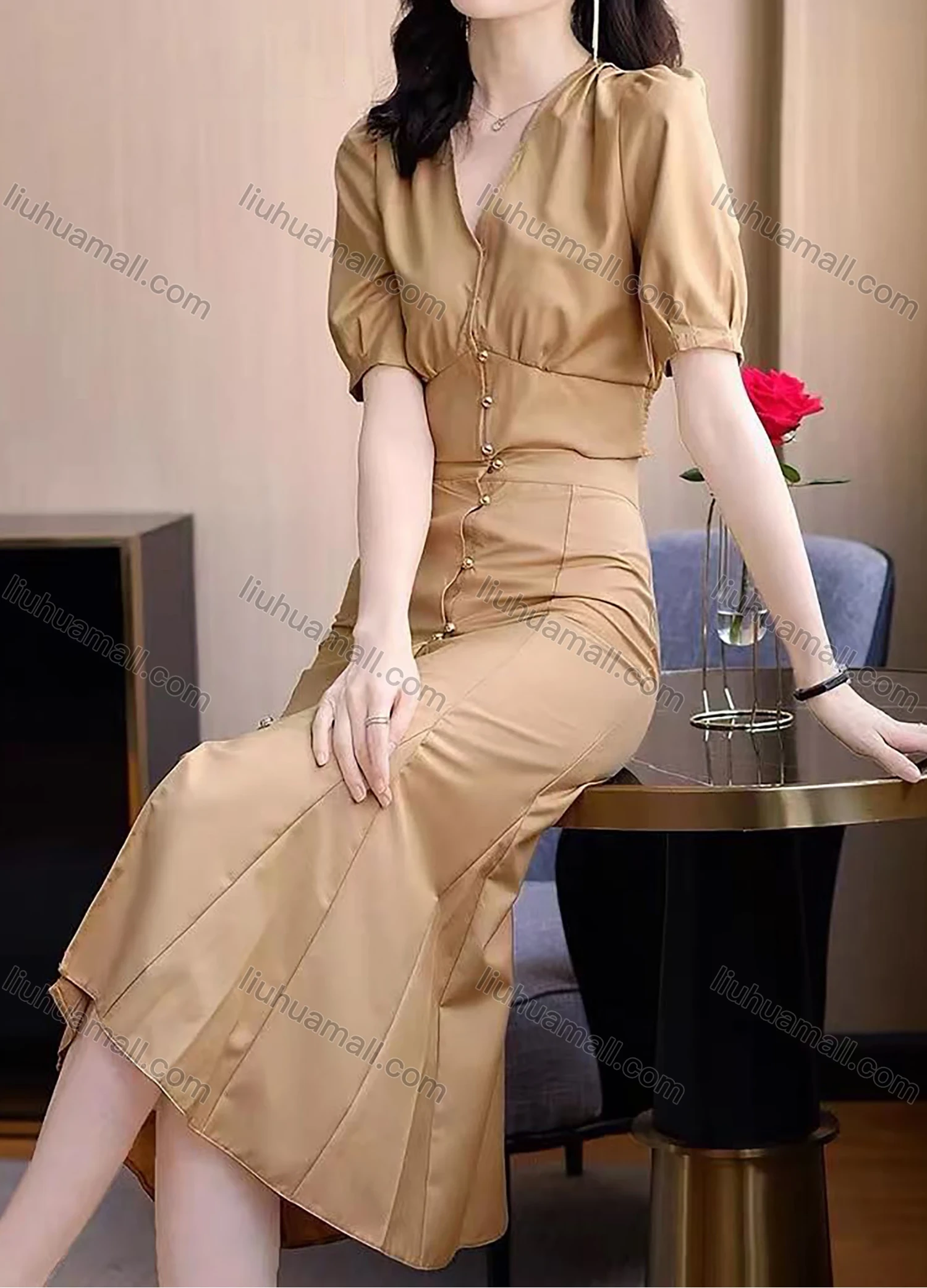 Wholesale Women's Deep V-neck Half Sleeve Button Trumpet Plain Slim Fit Midi Dress AY003# - Liuhuamall