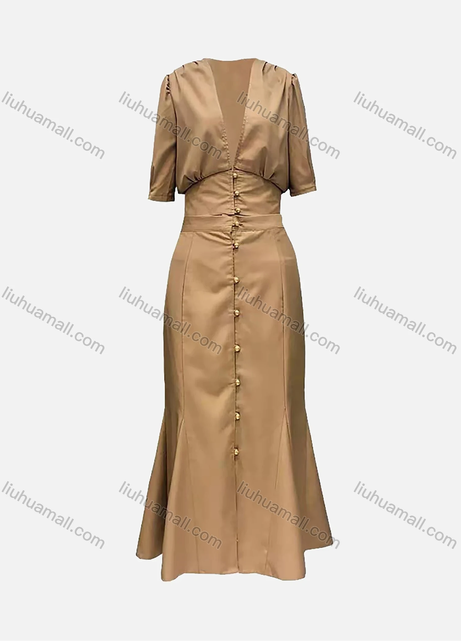 Wholesale Women's Deep V-neck Half Sleeve Button Trumpet Plain Slim Fit Midi Dress AY003# - Liuhuamall